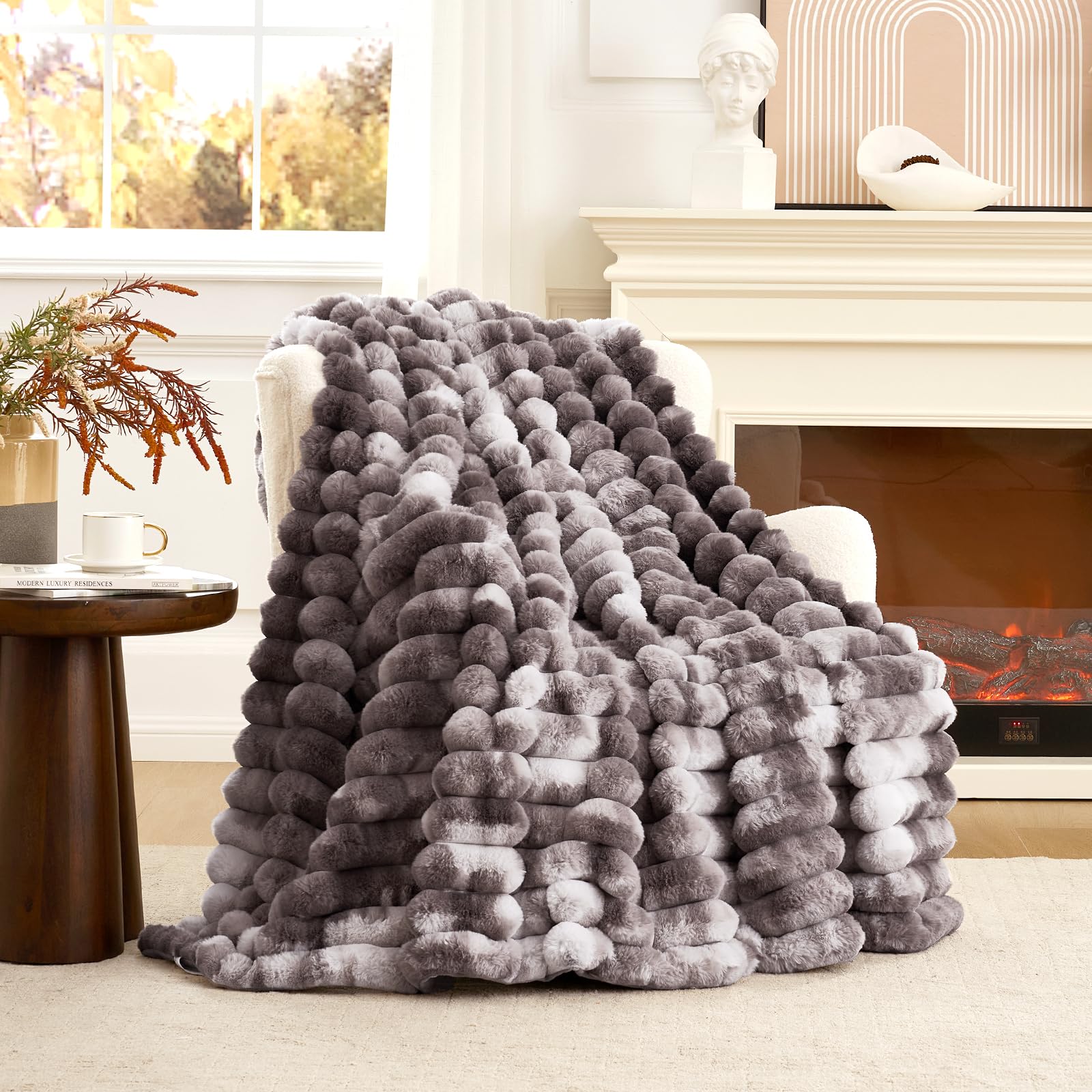 Cozy Bliss Faux Fur Throw Blanket for Couch, Cozy Warm Plush Striped Blanket for Sofa Bedroom Living Room, 50 * 60 Inches Tie-dy
