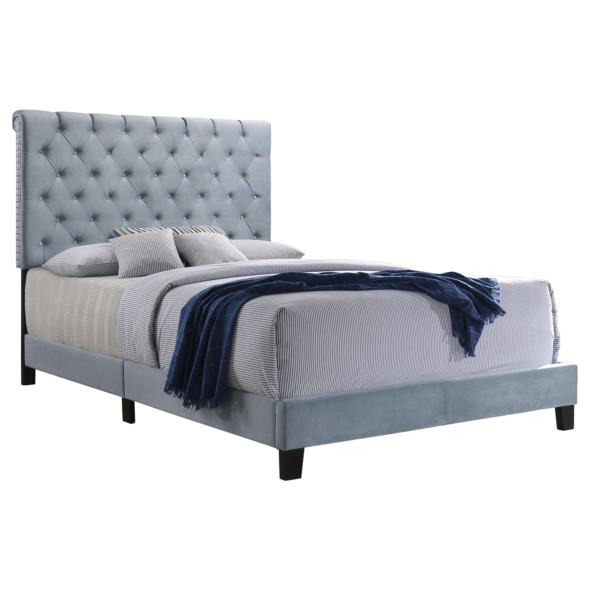Coaster Home Furnishings Warner Modern Classic Velvet Upholstered Queen Size Panel Bed Frame 54-inch Headboard Slate Blue 310041Q