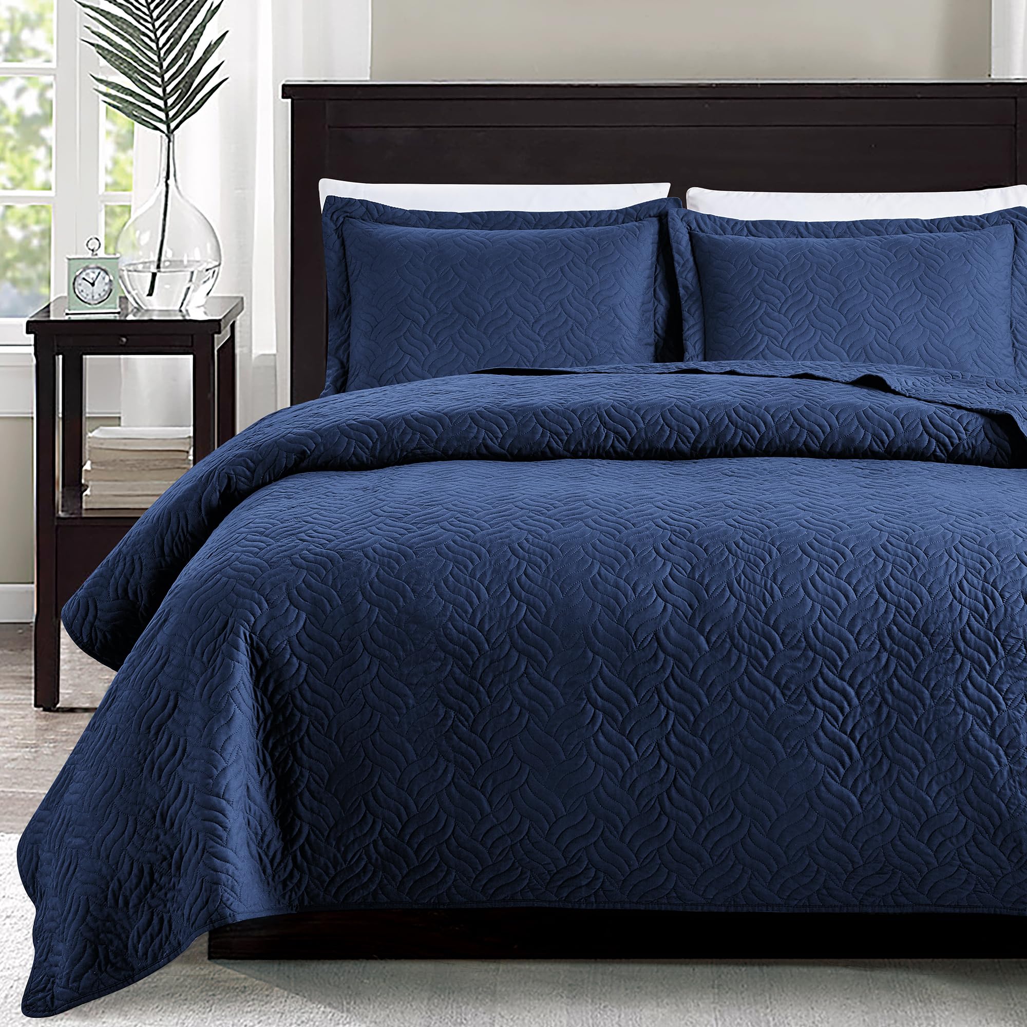 Love'S Cabin Twin Quilt Set Navy Blue Bedspreads - Soft Bed Summer Quilt Lightweight Microfiber Bedspread- Modern Style Wave Pat