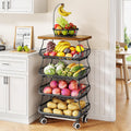 Abja 5 Tier Vegetable Stand, Onion Potato Rack, Kitchen Trolley With Wheels, Metal & Wood Stand For Kitchen Storage Rack, Stacka