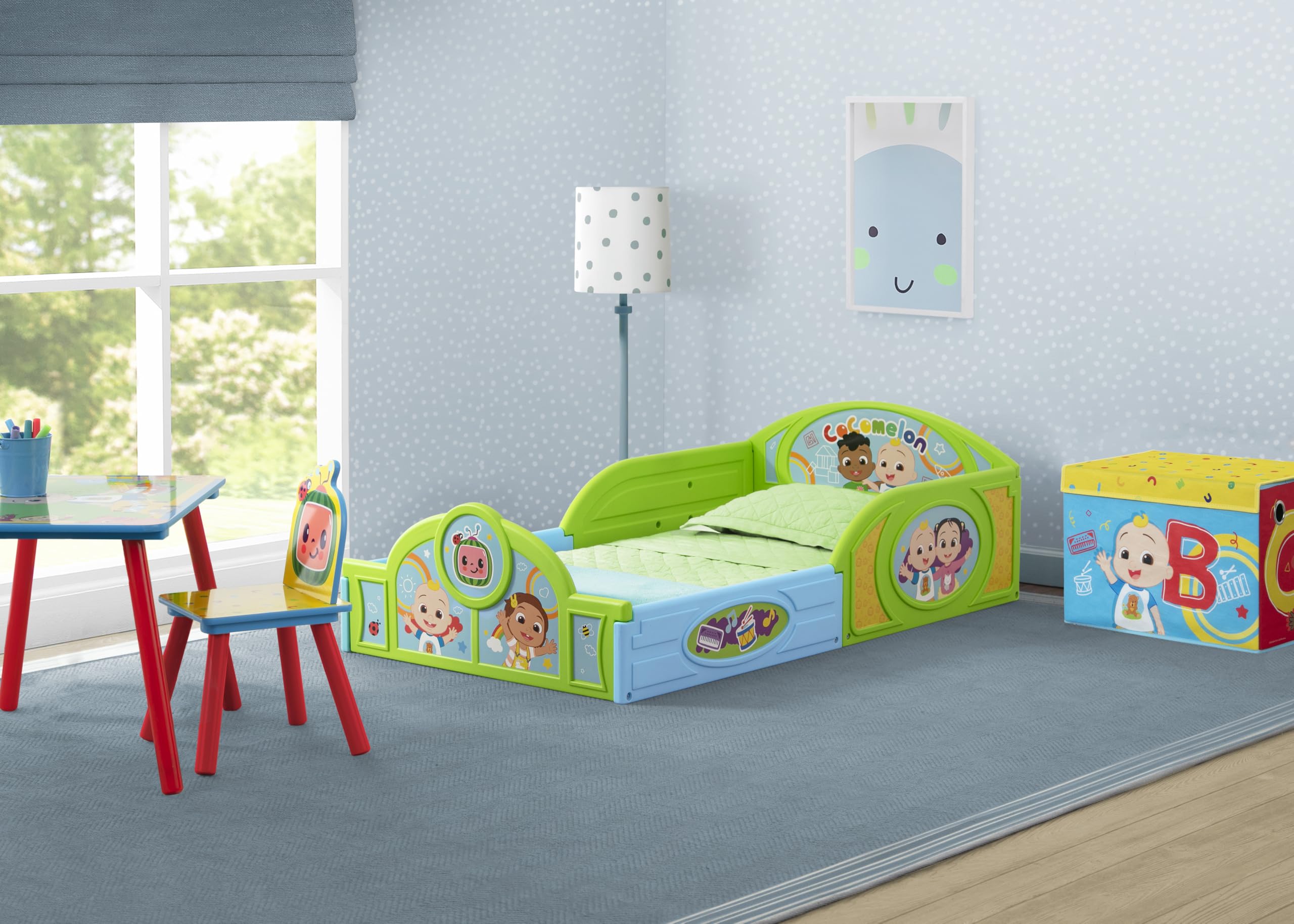 Delta Children - Cocomelon 4-Piece Toddler Room-In-A-Box Set – Includes Sleep And Play Toddler Bed, Table, 1 Chair And Fabric Toy Box, Green