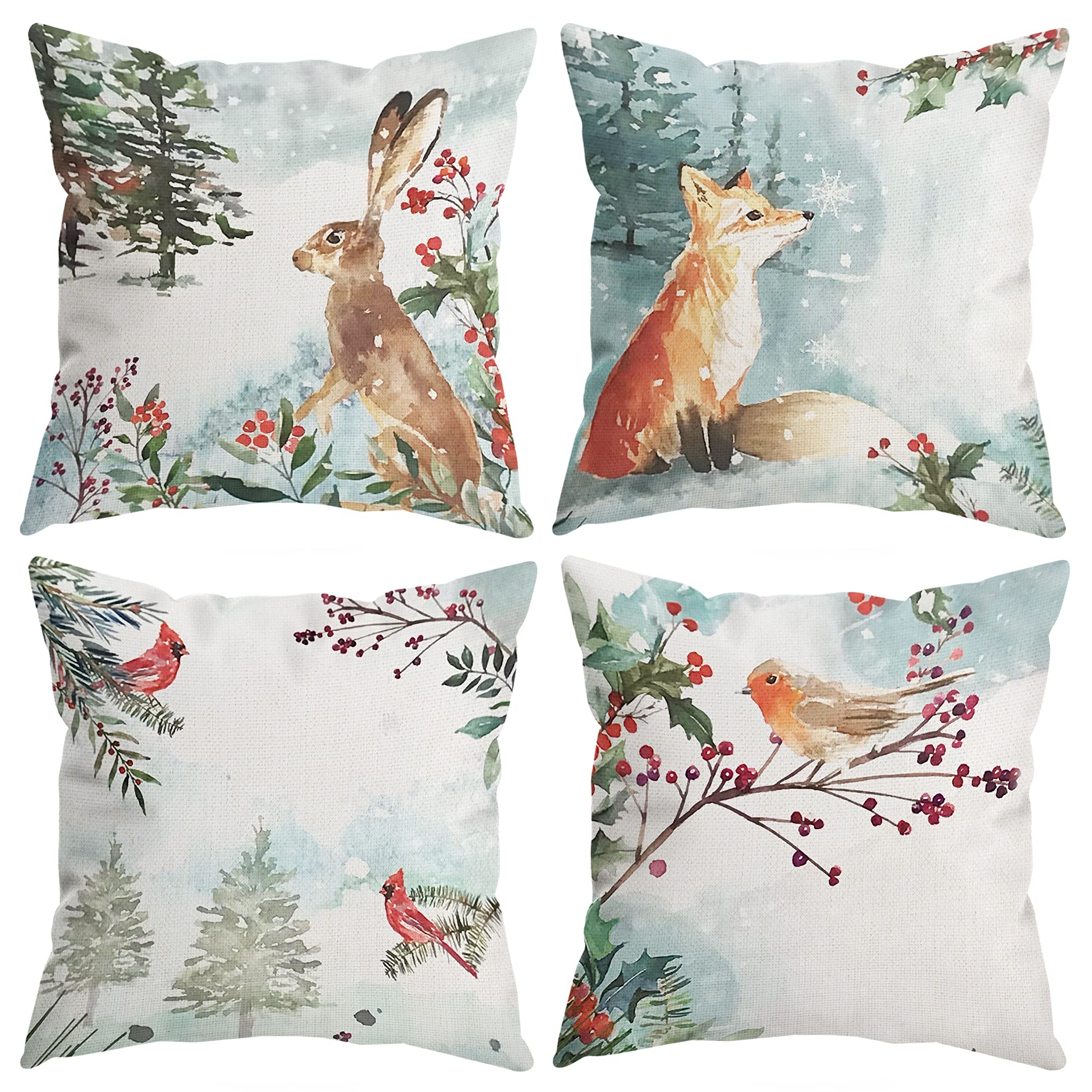 Puhei  Rustic Farmhouse Winter Animal Bird Fox Rabbit Decorative Throw Pillow Covers, Christmas Deer Gifts,  Christmas Tree Snow