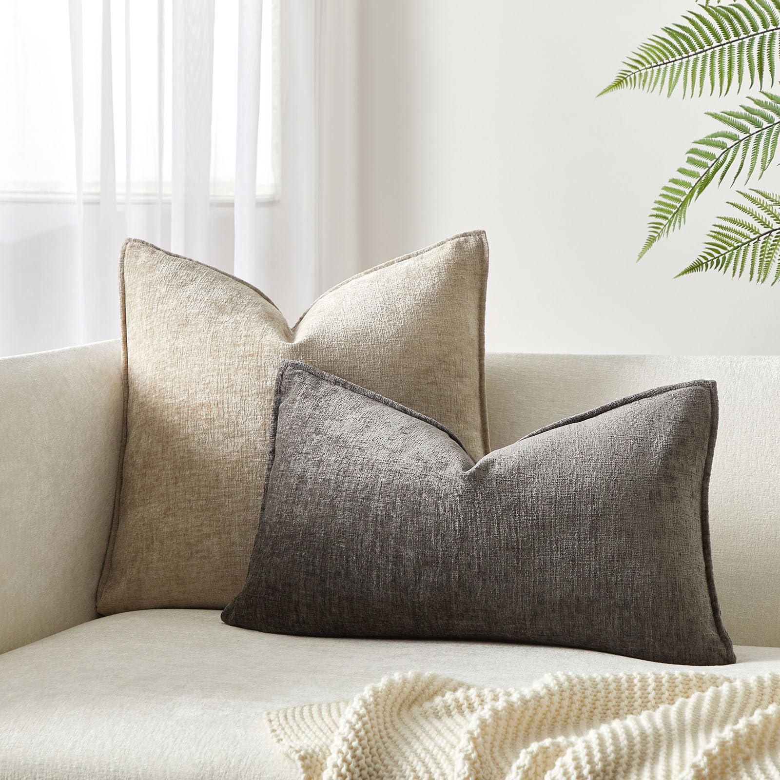 Juspurbet Set Of 2 Dark Grey Chenille Lumbar Throw Pillow Covers 16X24 Inch Soft Textured Decorative Cushion Cases For Couch Sof