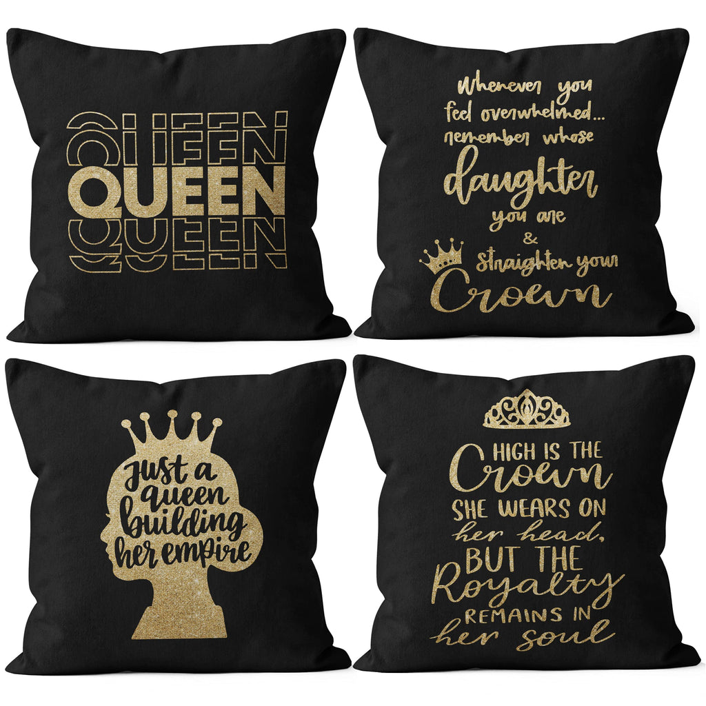 M-Qizi Black Queen Pillow Covers Set - Cool Teenage Girl Gifts, 4 Pieces 18 X 18 Inch Decorative Crown Pillow Covers, Princess G