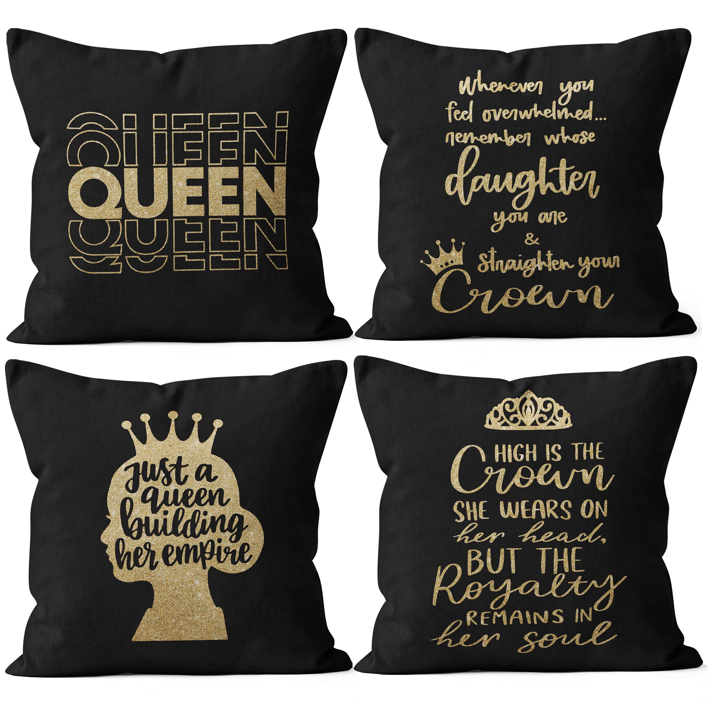M-Qizi Black Queen Pillow Covers Set - Cool Teenage Girl Gifts, 4 Pieces 18 X 18 Inch Decorative Crown Pillow Covers, Princess G