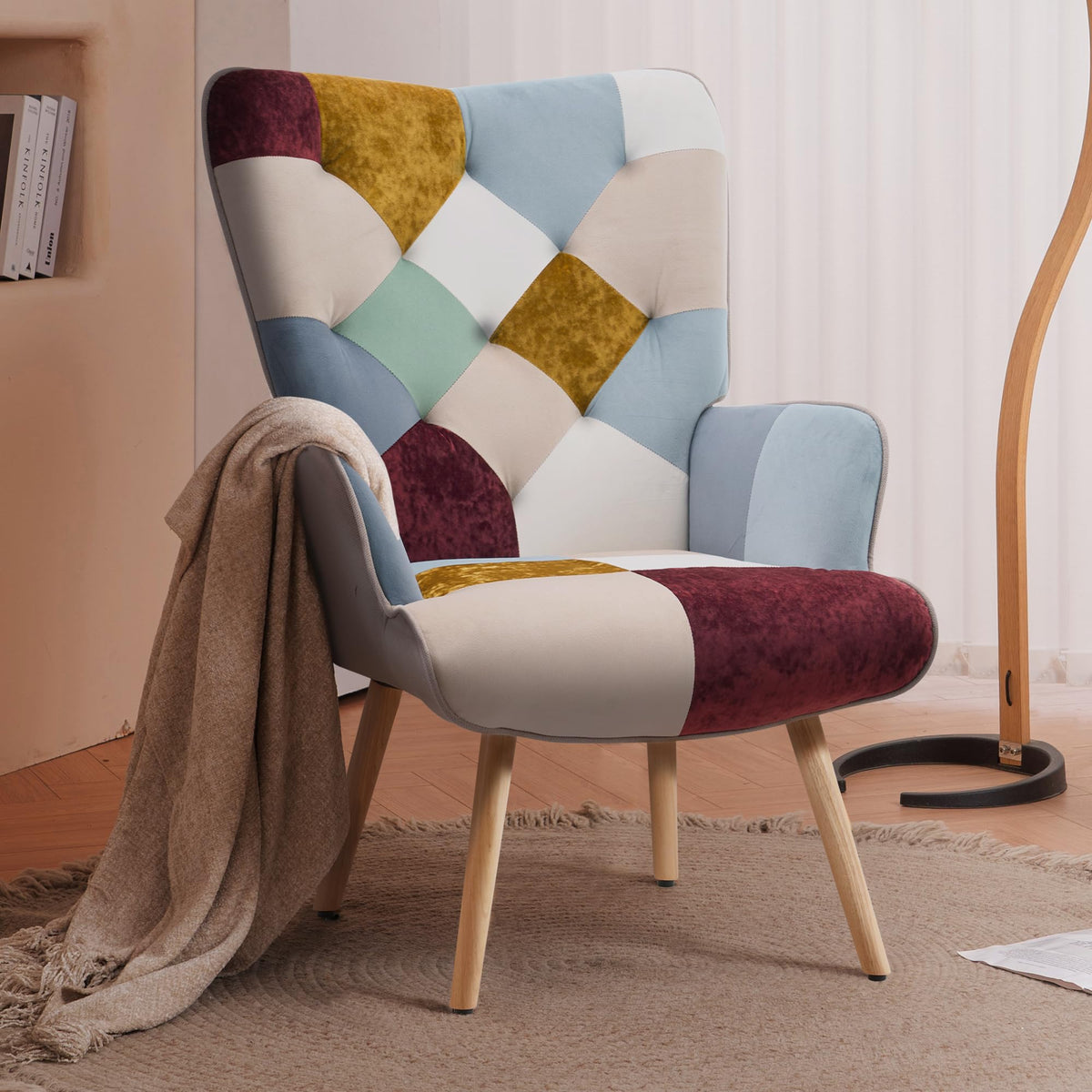 Joysoul Living Room Accent Chair Modern High Back Arm Chair, Golden Burgundy Bohemian Style Chairs For Bedroom Waiting Room