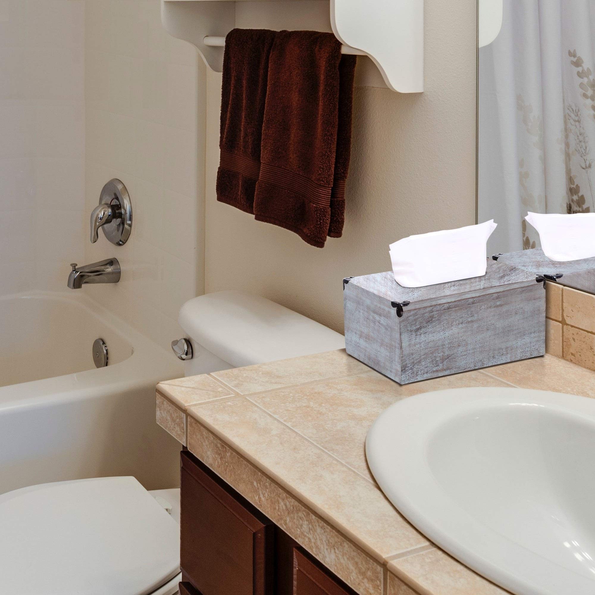 HomeRoots Brown Rustic Green Washed Mango Wood Rectangular Tissue Holder