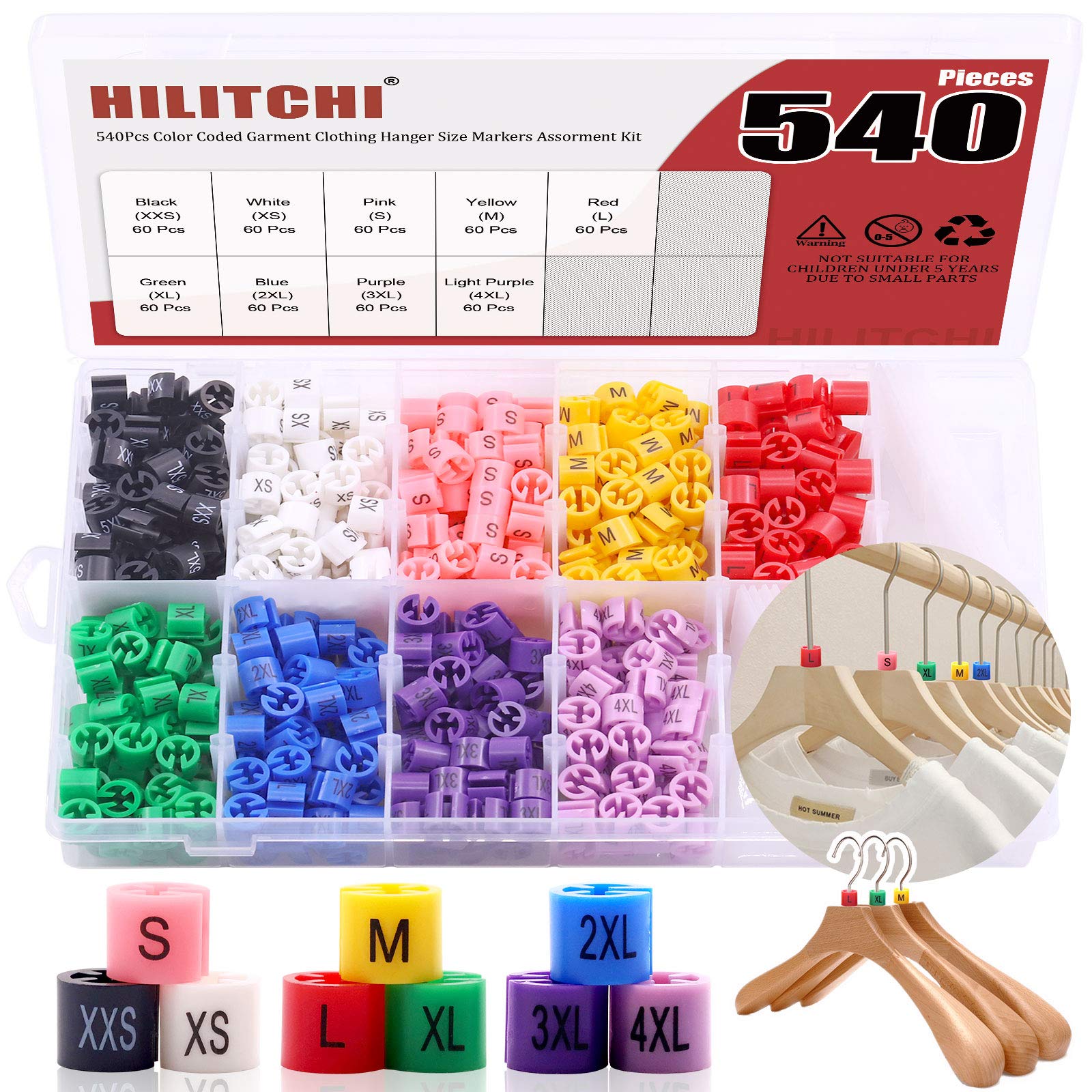 Hilitchi 540-Pcs [XXS - 4XL] Clothes Hanger Size Color-Coding Garment Size Markers Assortment Kit - 9 Size - with Storage Box