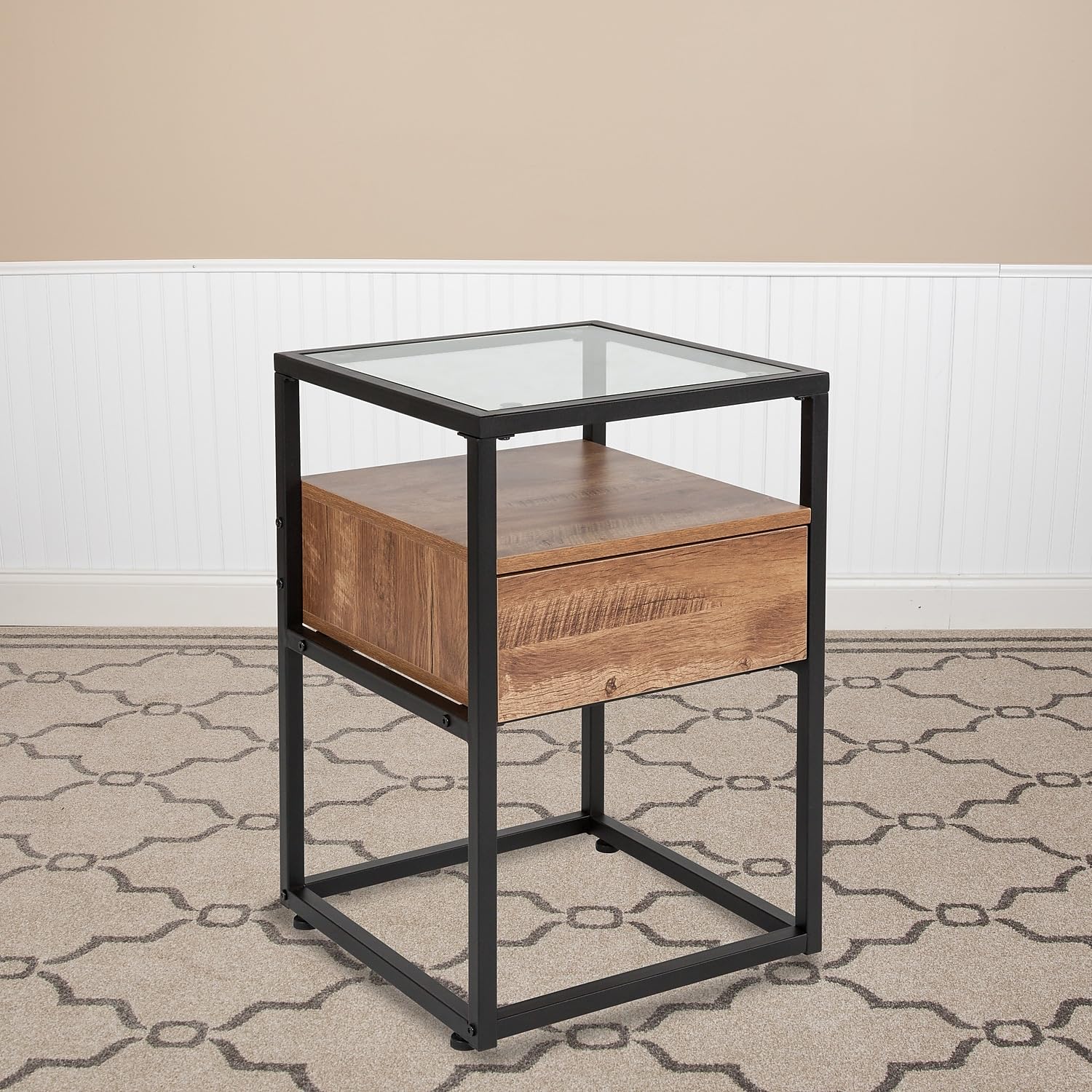 Flash Furniture Cumberland Collection Glass End Table With Drawer And Shelf In Rustic Wood Grain Finish