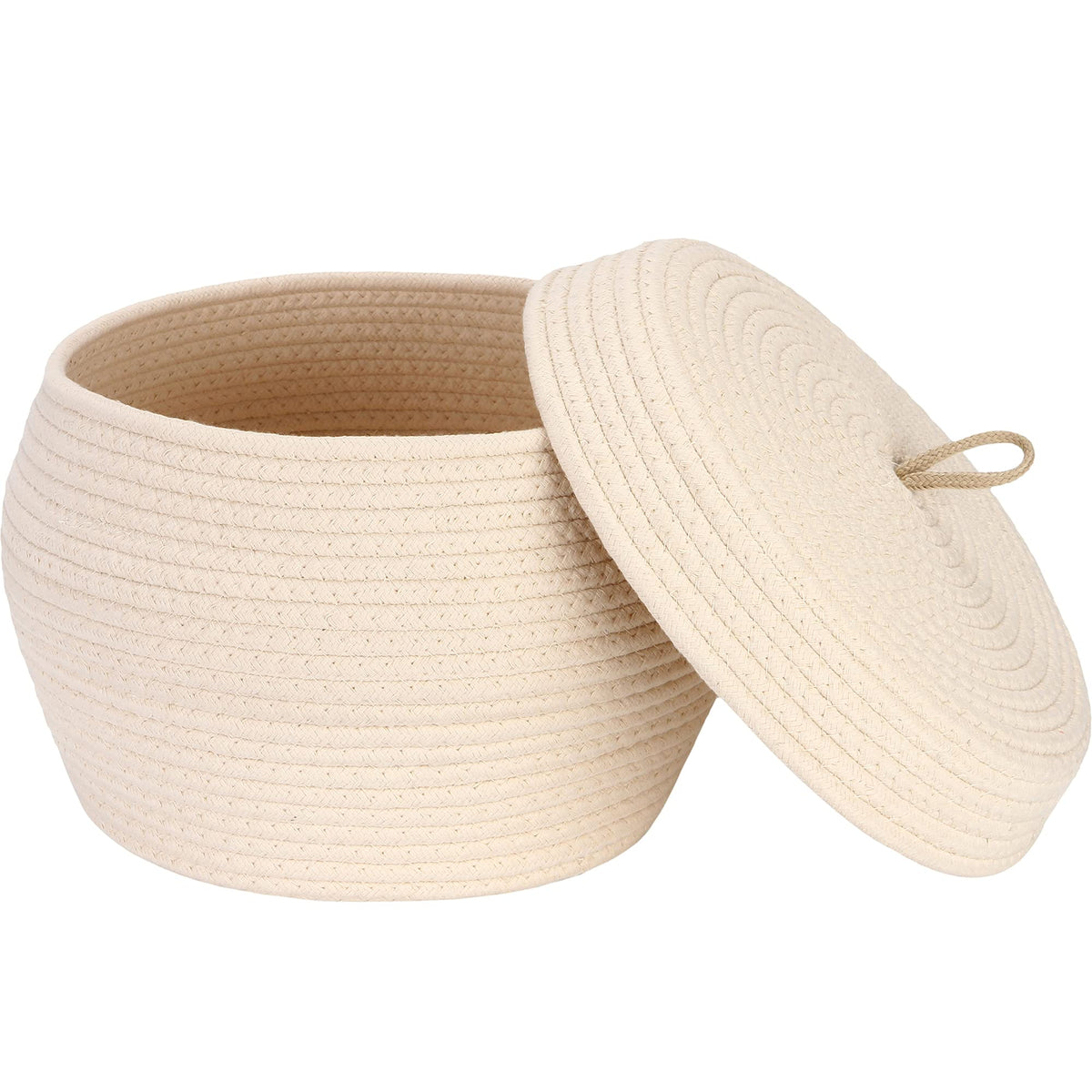 Sea Team Round Woven Cotton Rope Storage Basket with Lid, Cream