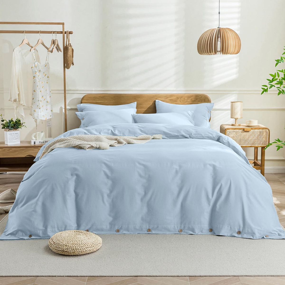 Jellymoni Light Blue Duvet Cover Queen Size - 100% Washed Cotton Linen Like Textured Comforter Cover, 3 Pieces Breathable Soft B