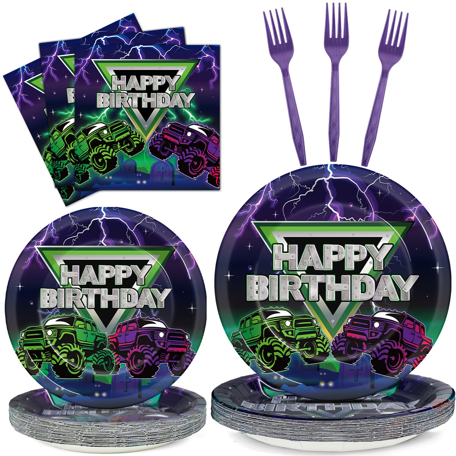 96 Pcs Monster Truck Party Supplies Decorations Truck Happy Birthday Party Plates Green Purple Monster Truck Tableware and Napki