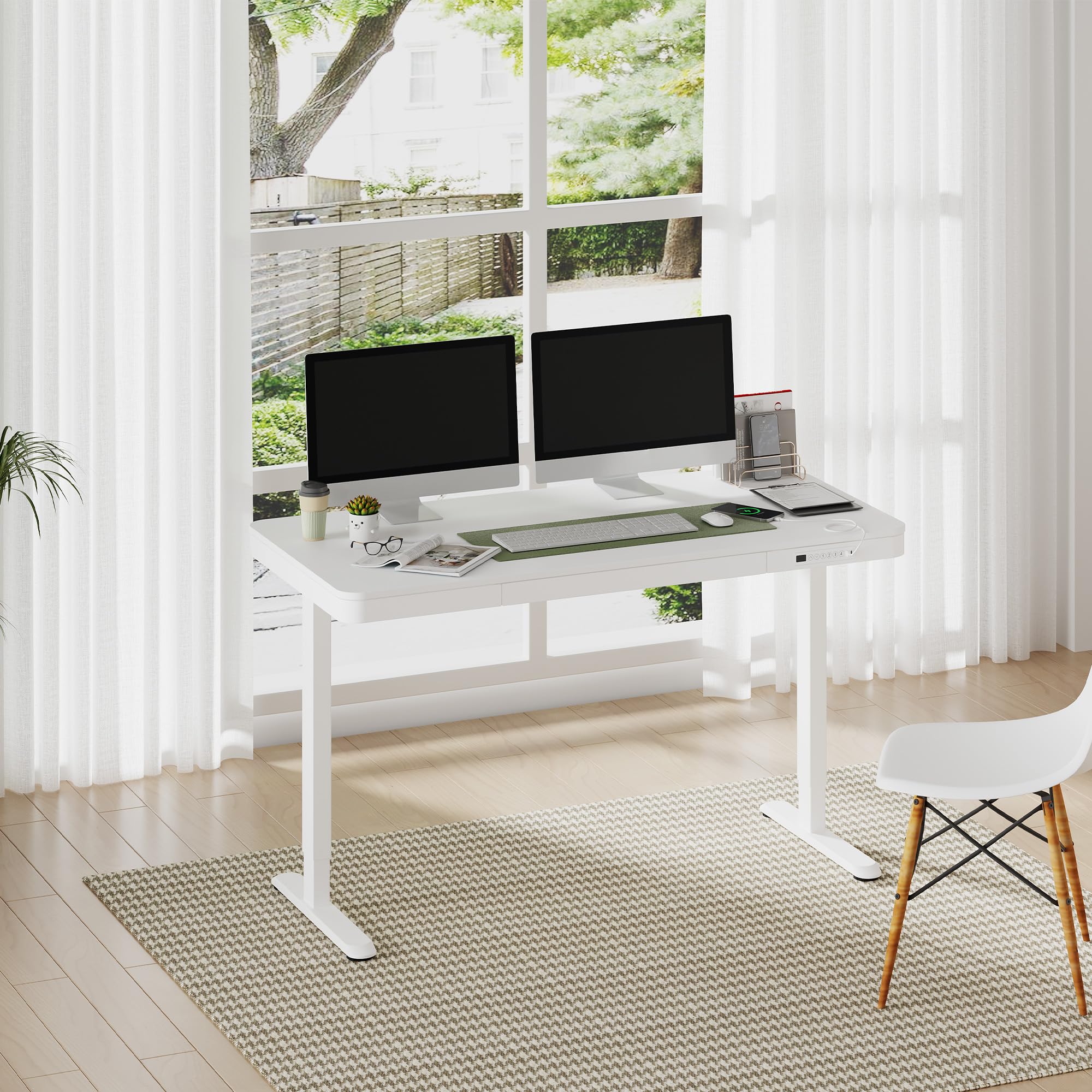 Flexispot 55' White Electric Standing Desk With Drawers, Quick Assembly Home Office Sit Stand Desk With Storage, Usb Charging, Computer Desk For Home Office (White Top + Adjustable Frame, Comhar)
