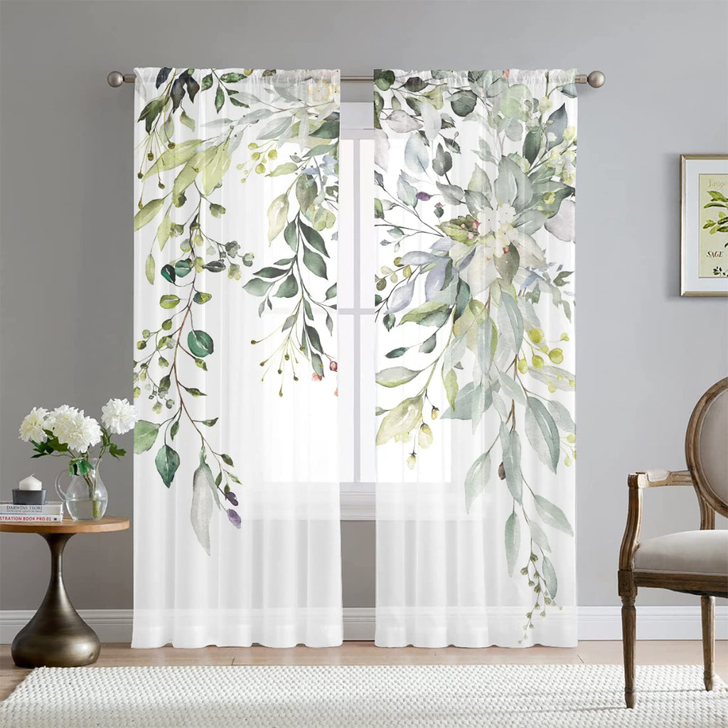 Fereyis Green Eucalyptus Leaves Curtains For Living Room 63 Inch Length 2 Panels Set Elegant Wild Flower Floral Spring Printed W