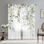 Fereyis Green Eucalyptus Leaves Curtains For Living Room 63 Inch Length 2 Panels Set Elegant Wild Flower Floral Spring Printed W