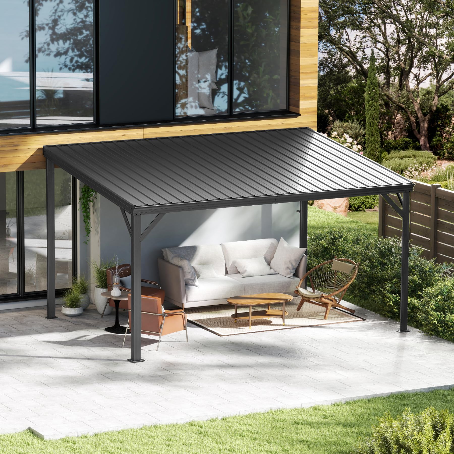 Domi 10x14 Hardtop Wall Mounted Gazebo, Expandable Lean to Gazebo Pergola with Gutters & Galvanized Steel Roof, 60MPH Wind Res