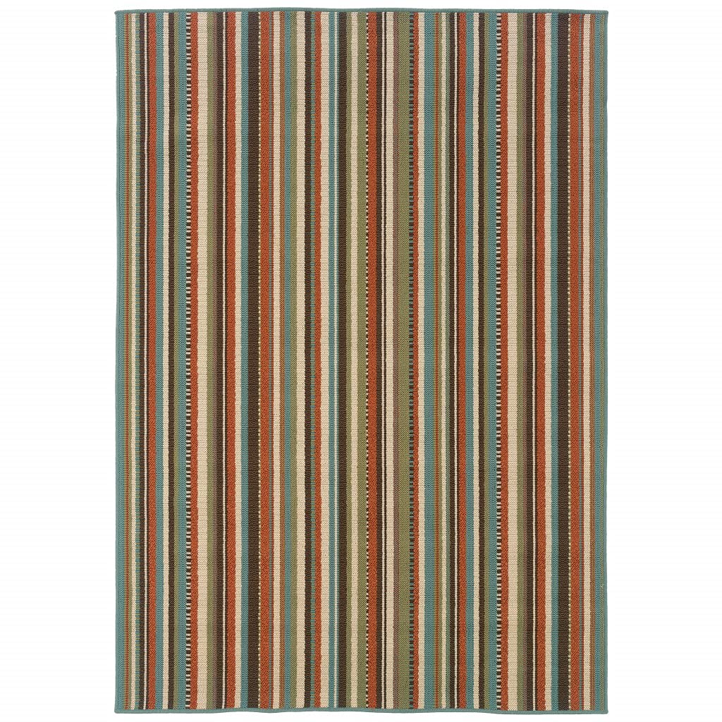 HomeRoots Polypropylene 5’x8’ Green and Brown Striped Indoor Outdoor Area Rug