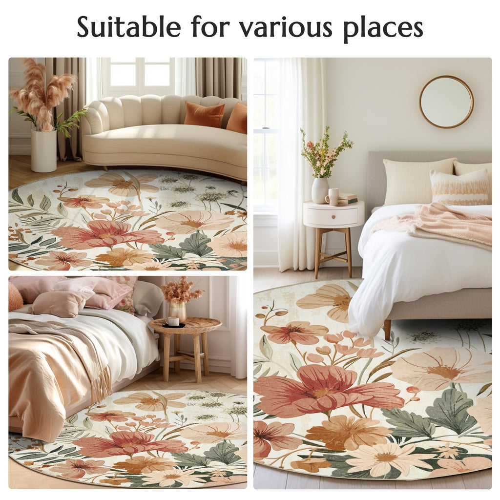 Jinchan Round Rug 8Ft Area Rug Indoor Floral Circle Rug 8' Round Washable Rug Modern Rug Oriental Flower Print Rug Non Slip Carp