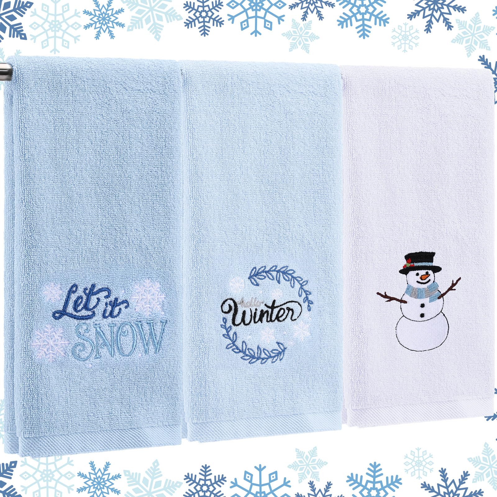 Fanfanwin 3 Pcs Winter Hand Towels for Bathroom Blue Snowflake Hand Towels Let It Snow Embroidered 100% Cotton Soft Absorbent De