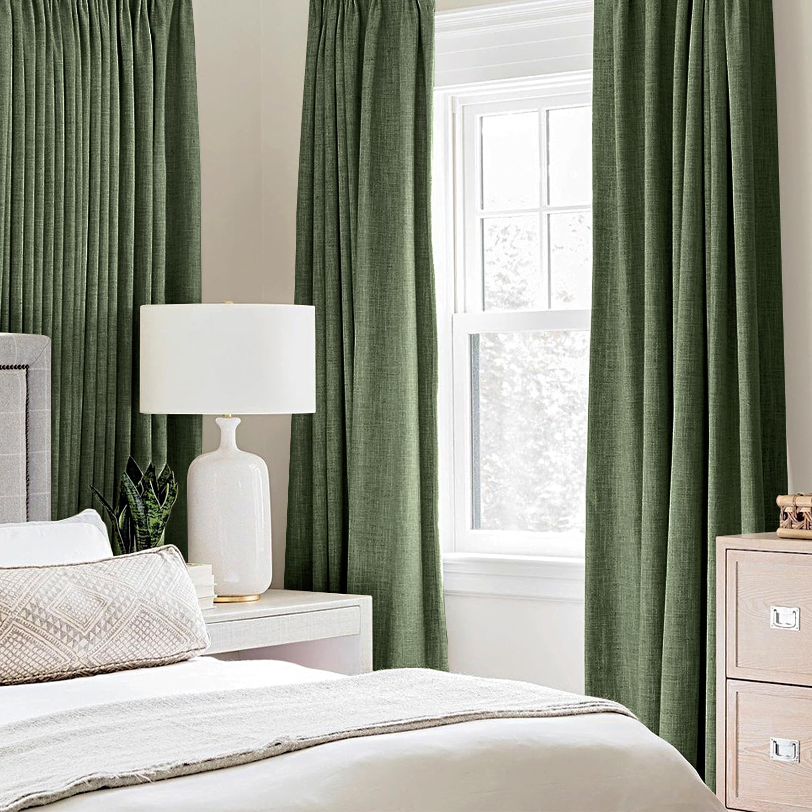 Miulee 100% Blackout Linen Textured Curtains For Bedroom Solid Thermal Insulated Olive Green Grommet Room Darkening Curtains & Drapes Luxury Decor For Living Room Nursery 52 X 120 Inch (2 Panels)