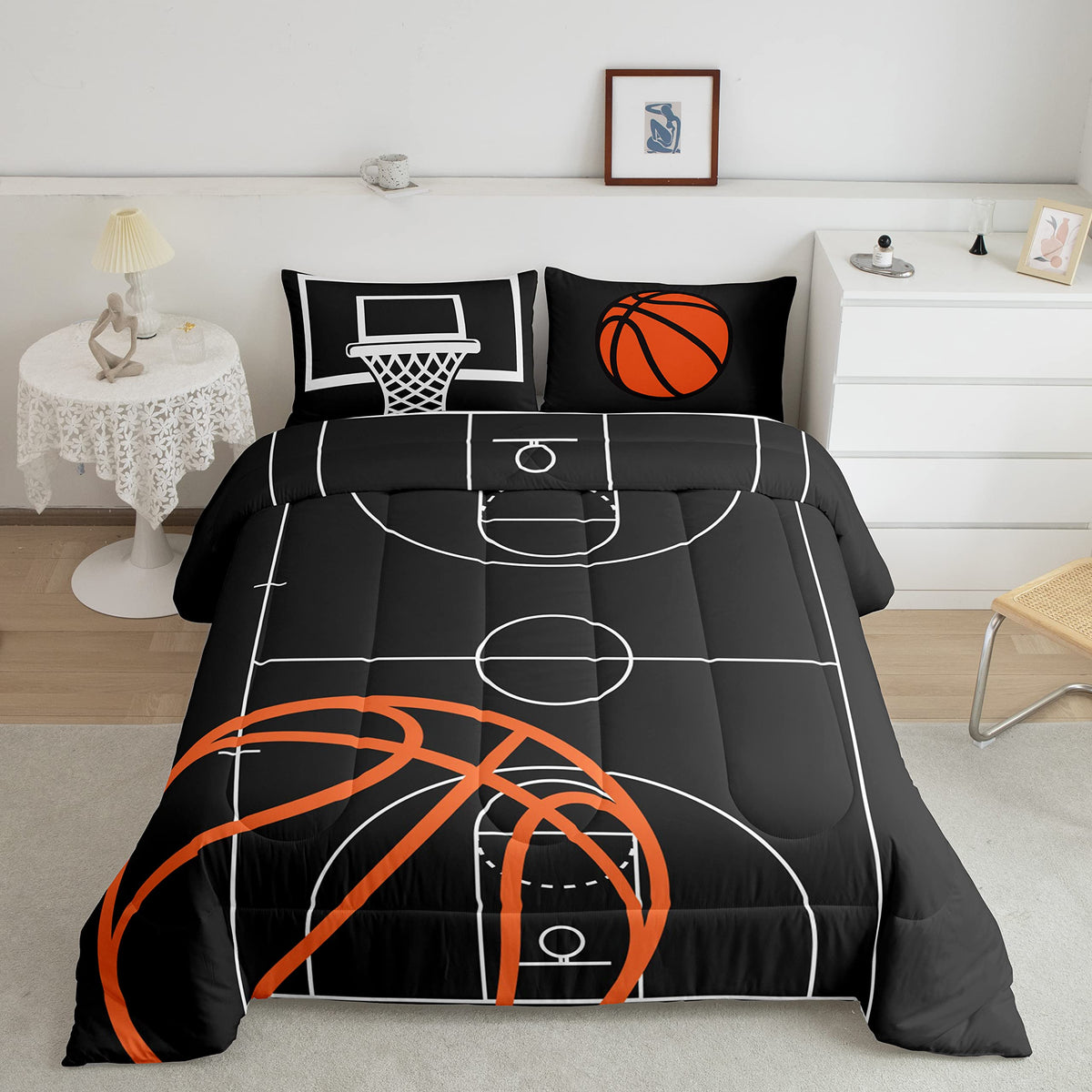 Castle Fairy Kids Basketball Court Print Comforter Set Twin Size,Ball Sports Games Themed Bedding Comforters Bedroom Decor,Orang