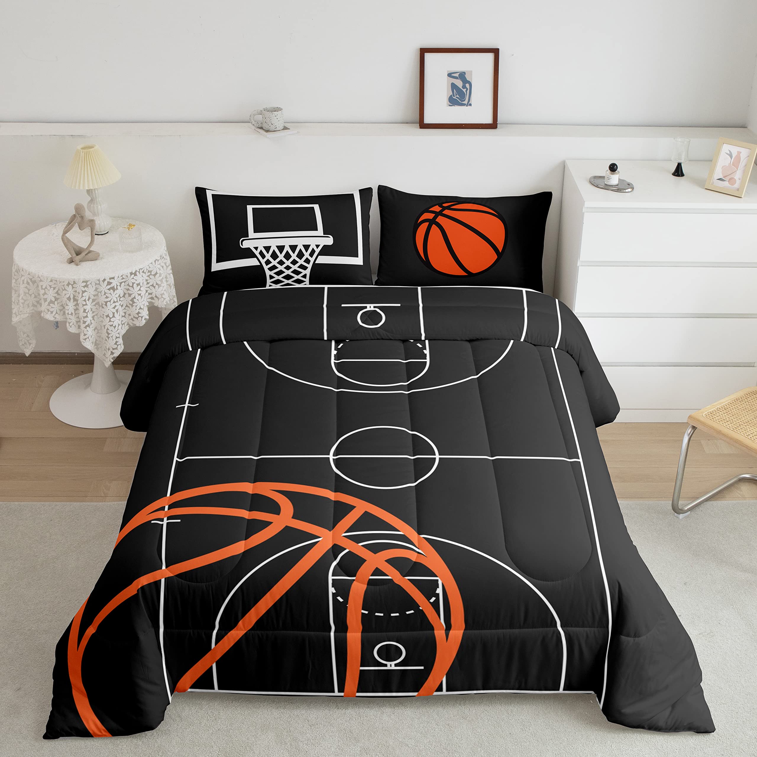 Castle Fairy Kids Basketball Court Print Comforter Set Twin Size,Ball Sports Games Themed Bedding Comforters Bedroom Decor,Orang