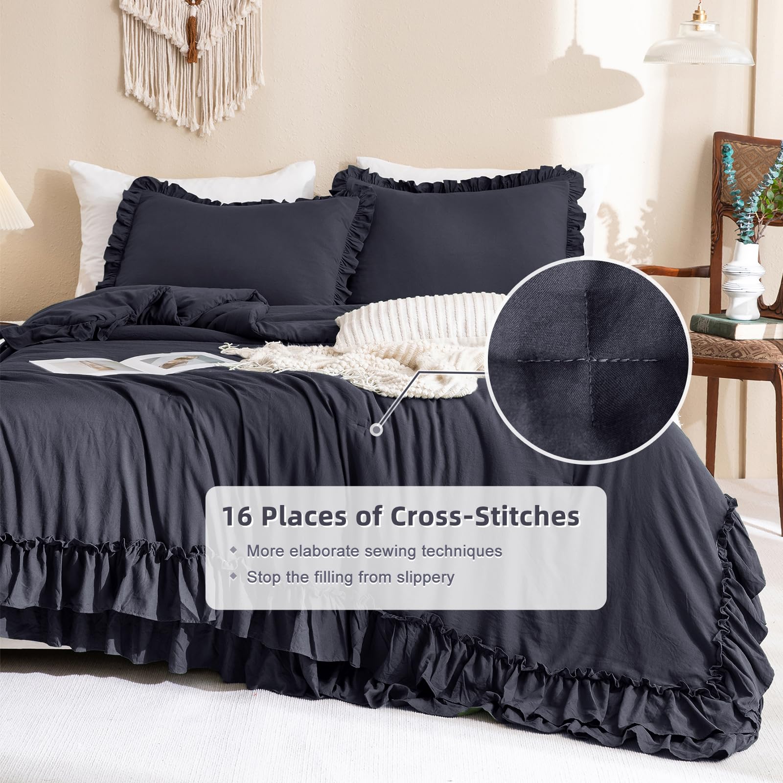 Masaca Shabby Comforter Set Queen,Farmhouse Rustic Microfiber Bedding Ruffled Comforter Set,Vintage Dark Gray Ruffle Comforter F