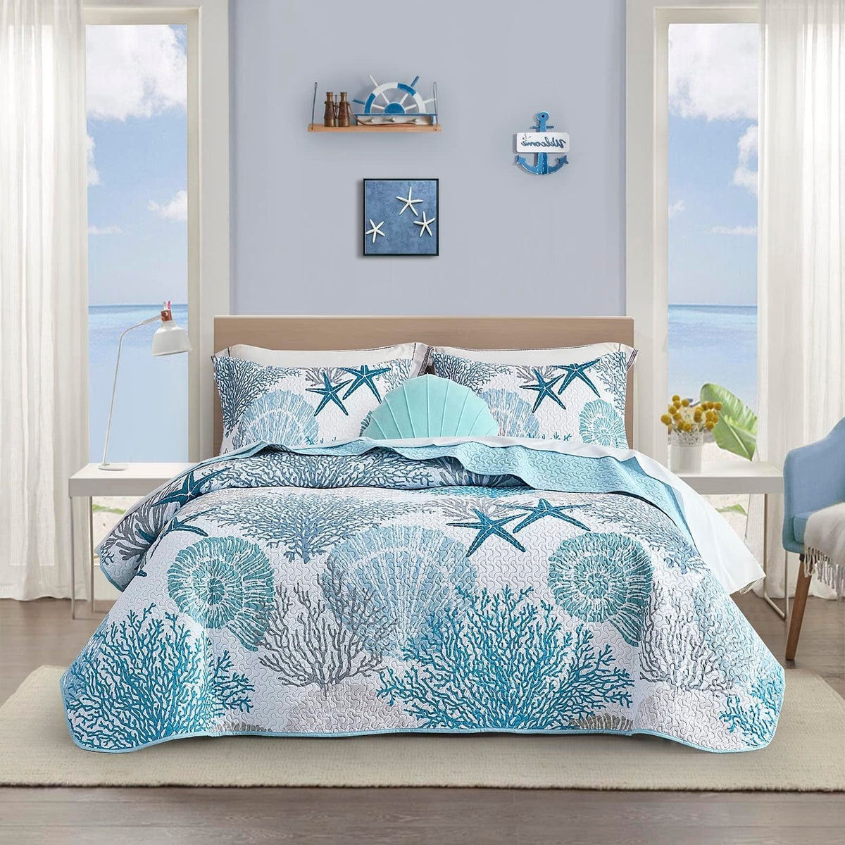 Tritard 3 Piece Coastal Quilt Sets California King Size - Reversible Microfiber Quilts With 2 Shams Soft Lightweight Beach Beddi