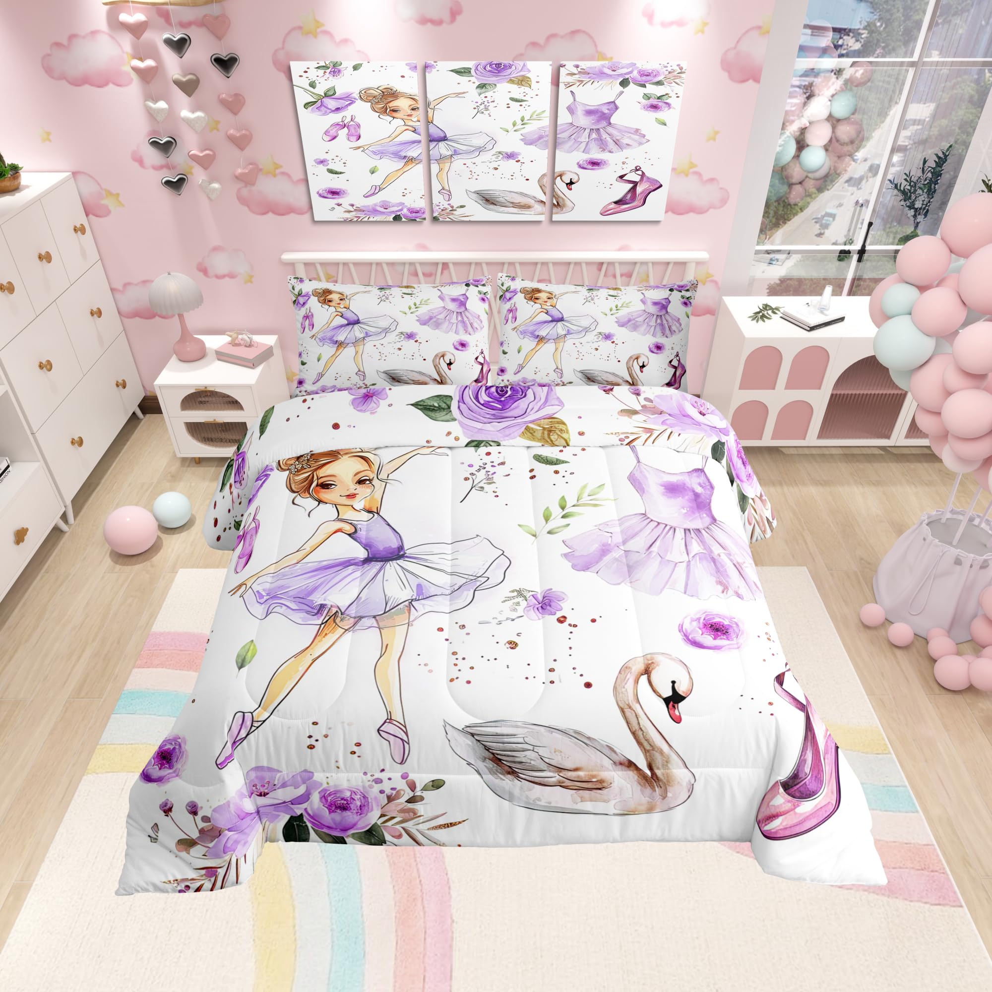 Manfei Ballet Dance Girl Comforter Set,Purple Dancing Dress Shoes Bedding Set Kids Teens Modern Decor,Dreamy Swan Watercolor Flo