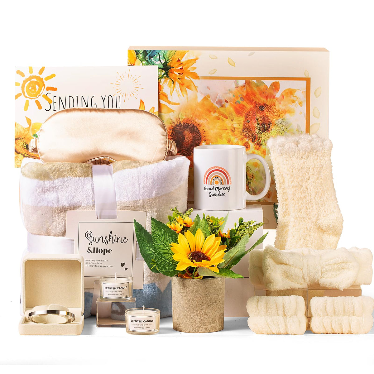Sending Sunshine Gift, Get Well Soon Gifts Basket for Women, 9 Pcs Sunflower Gifts Care Pacakge Gifts Box Thinking of You Gift f