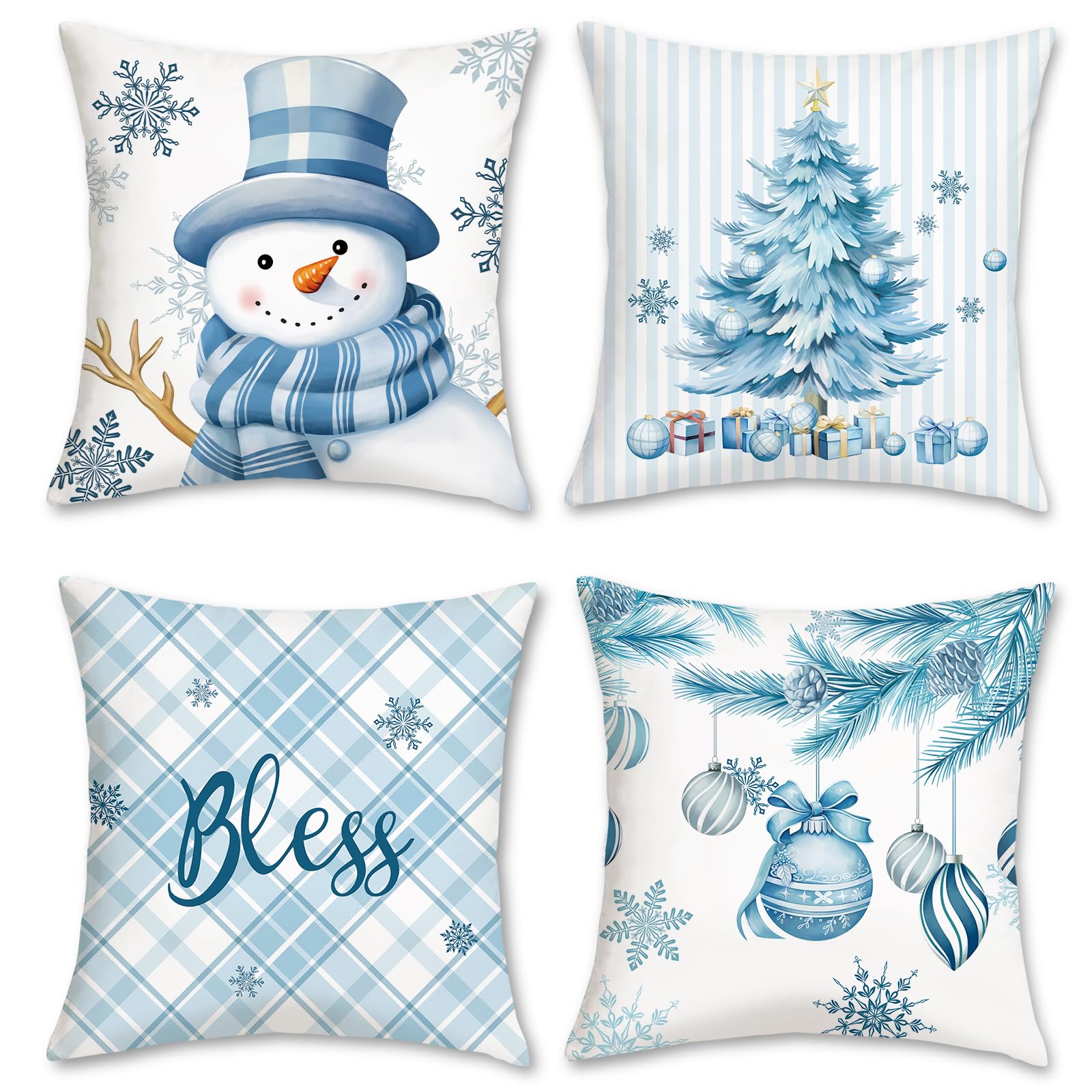 Bonhause Winter Throw Pillow Covers 18 X 18 Inch Snowman Snowflakes Stripes Plaid Blue Decorative Pillow Cases For Couch Sofa Be