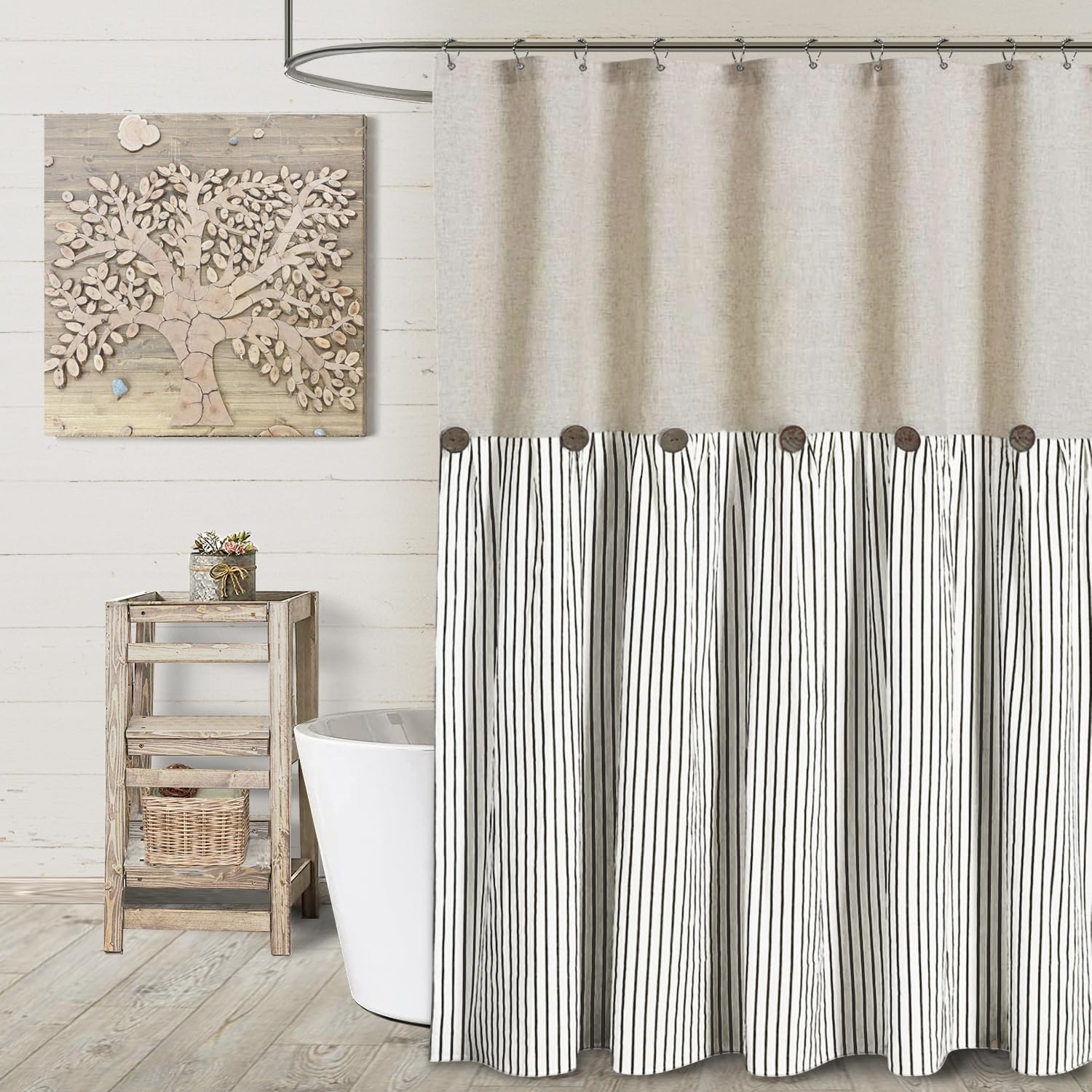 Awellife Linen Button Farmhouse Beige Shower Curtain,Linen And Cotton Woven Fabric,Pleated Black Stripe,Country Style (72' L X