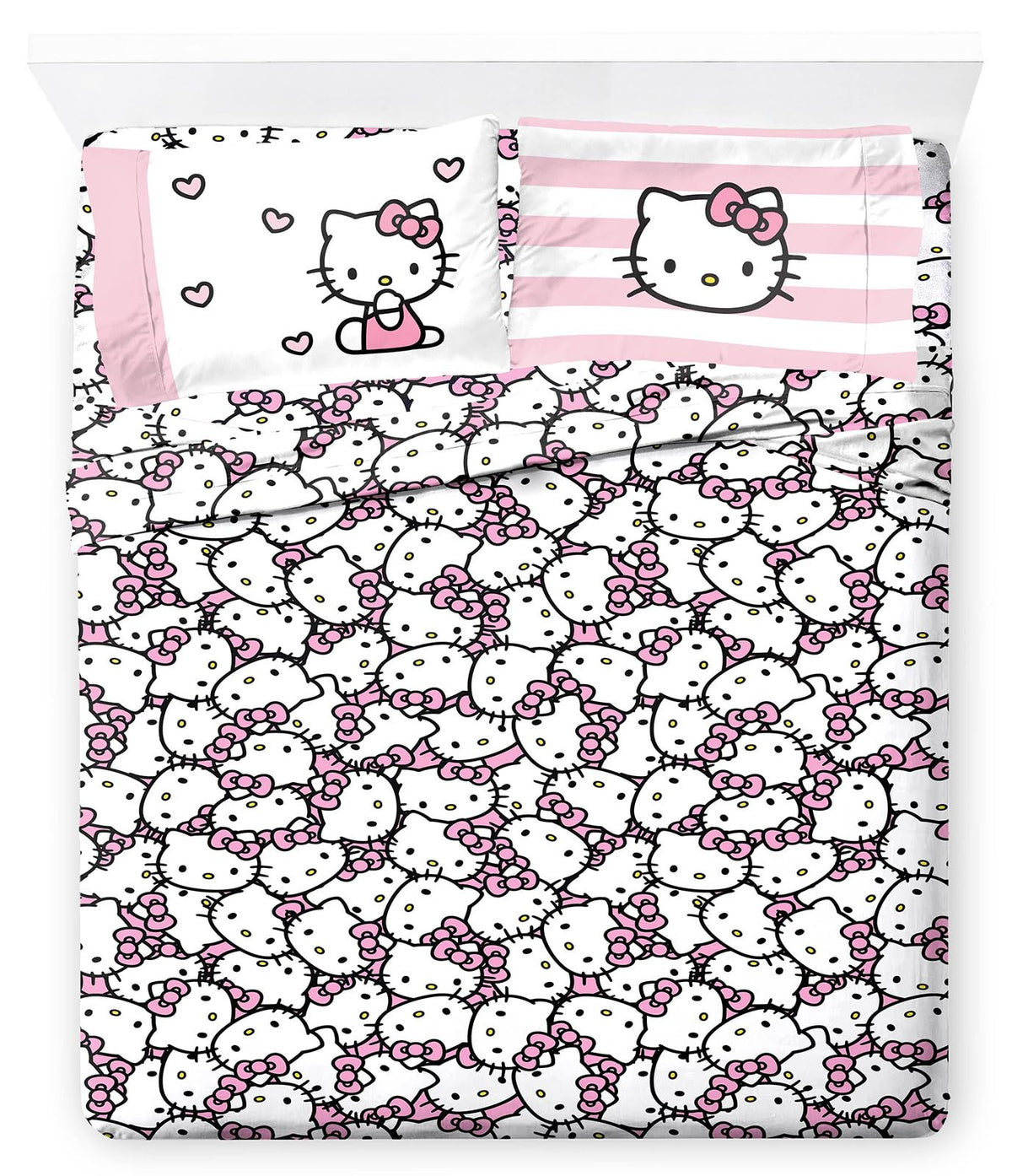 Jay Franco Hello Kitty Stripes & Hearts Queen Size Sheet Set - Super Soft 4 Piece Bedding Set - Microfiber Sheets Include Revers