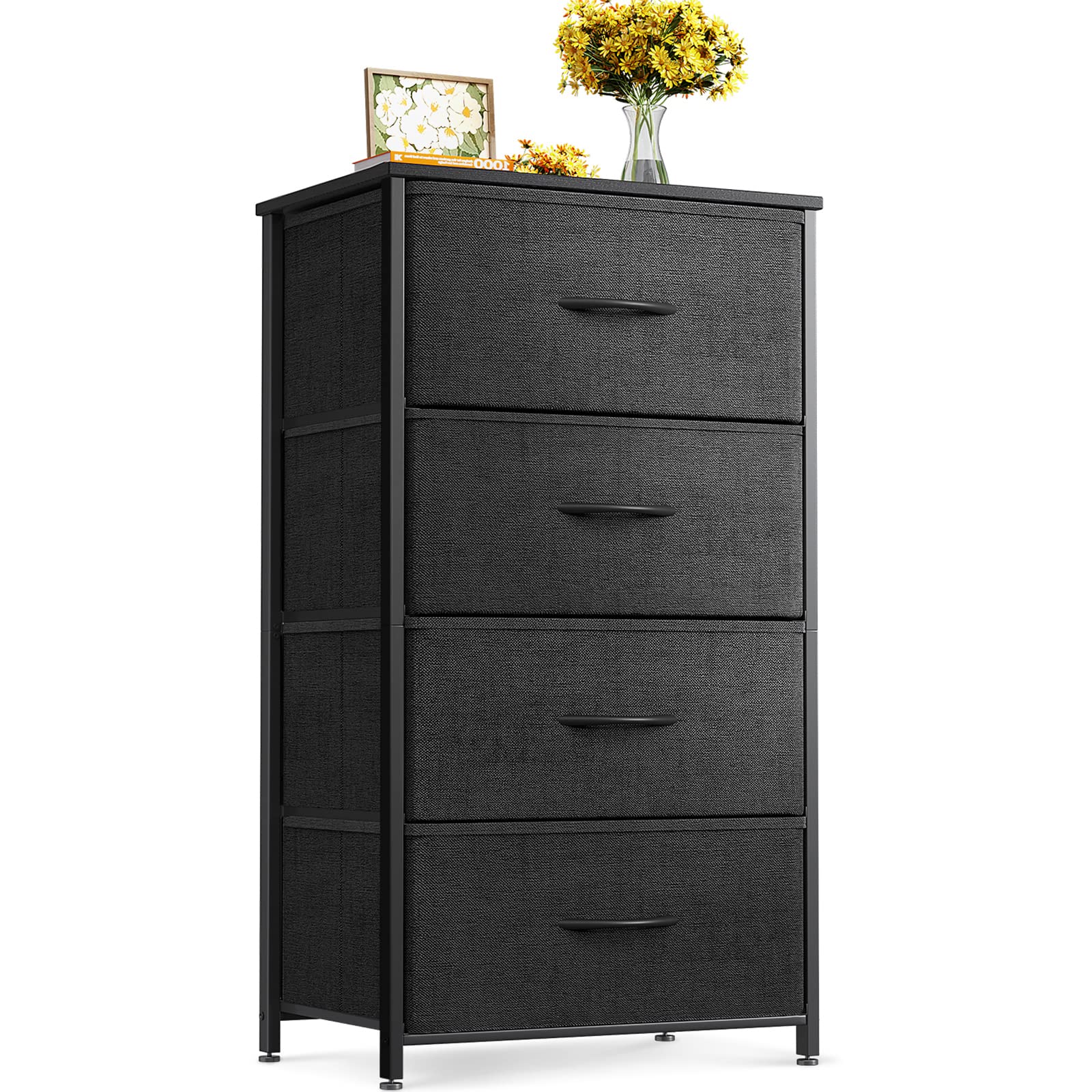 Odk Dresser For Bedroom With 4 Storage Drawers, Small Dresser Chest Of Fabric Drawers With Sturdy Steel Frame, Wood Top, Black