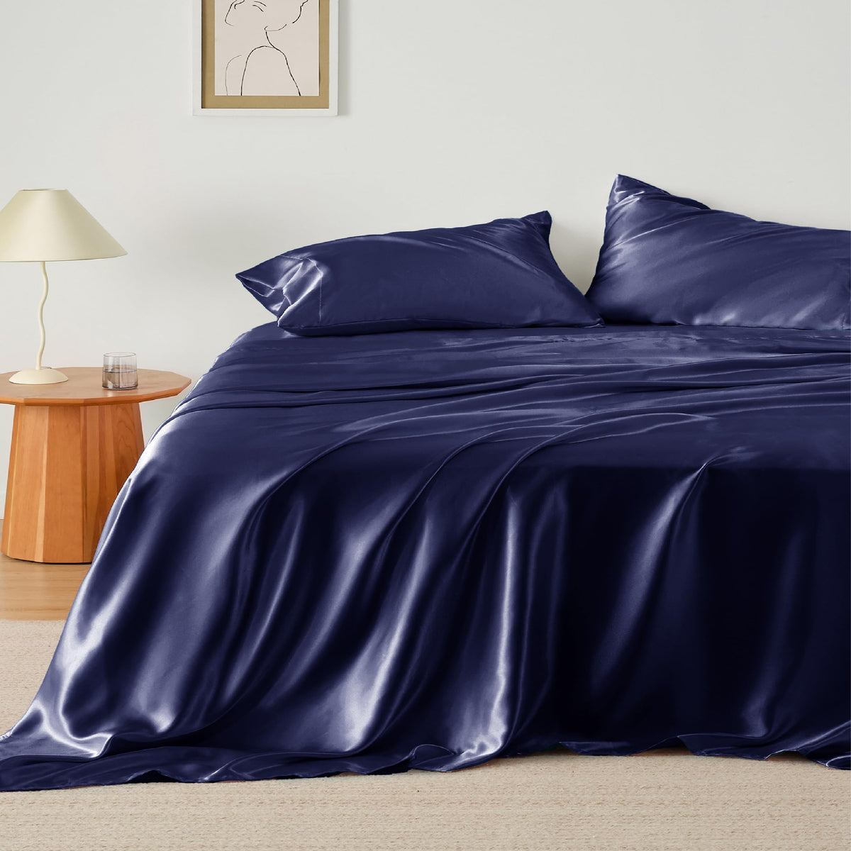 Bedsure Satin Sheets King - Similar To Silk Sheets, Silky Bedsheet, Luxury & Ultra Soft, Non-Fading & Wrinkle Free, Good For Hair & Skin, Gifts For Women, 4 Pieces, Navy