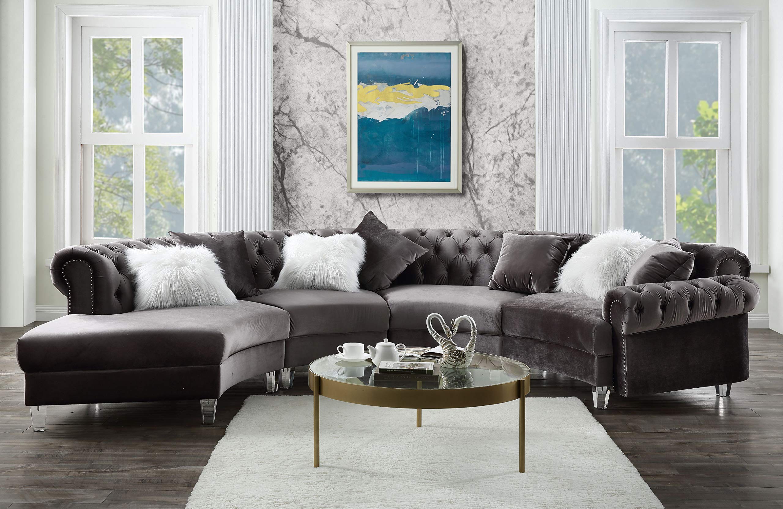 Acme Ninagold 4-Piece Button Tufted Velvet Sectional Sofa in Gray