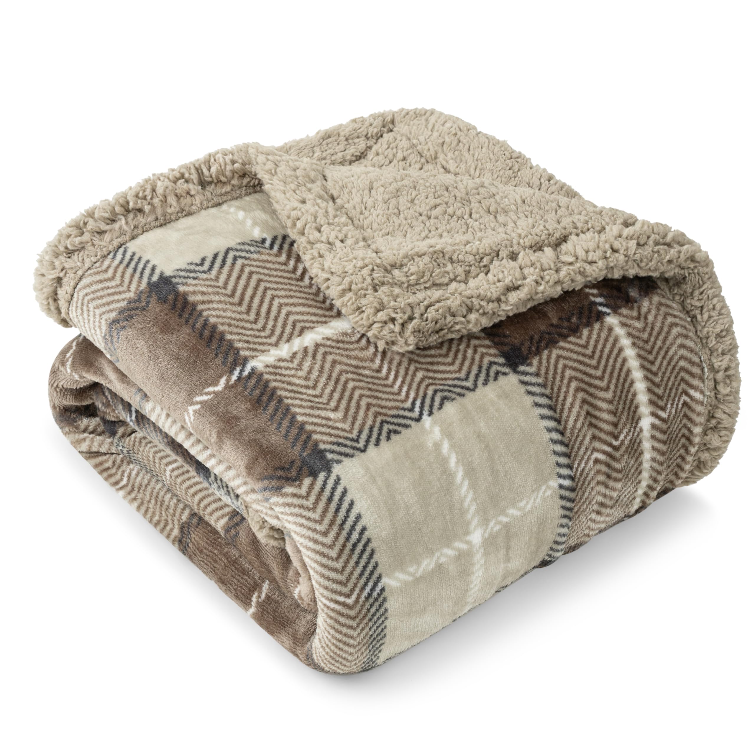 Pavilia Taupe Plaid Sherpa Throw Blanket For Couch Twin, Soft Plush Flannel Blanket & Throws For Bed Sofa, Warm Cozy Winter Chri