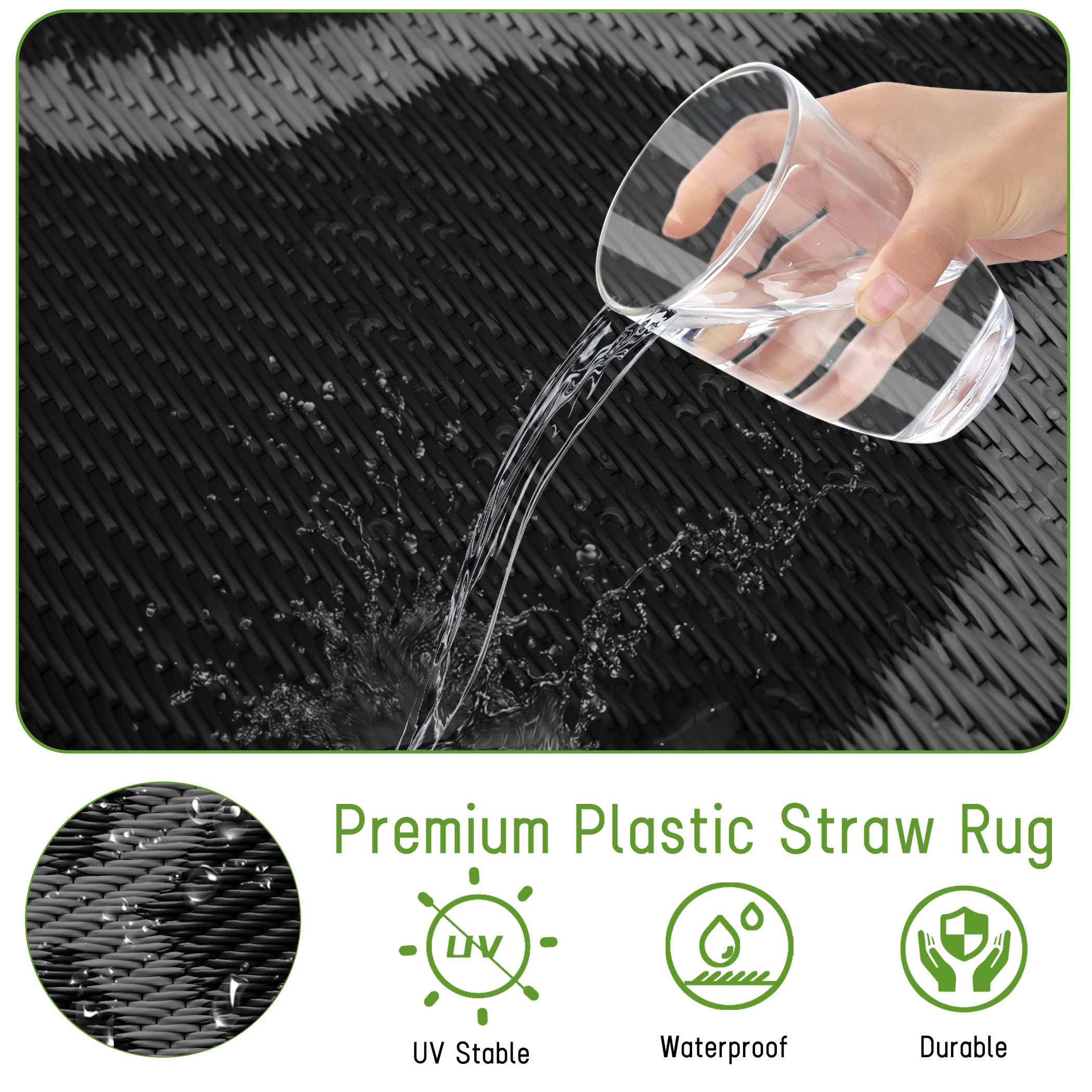 Easy-Going Reversible Outdoor Rugs 5X8Ft Waterproof Plastic Straw Rug Stain & Uv Resistant Floor Mat For Patio Porch Rv Backyard Pool Deck Picnic Beach Trailer Camping (Moroccan Black & Grey)