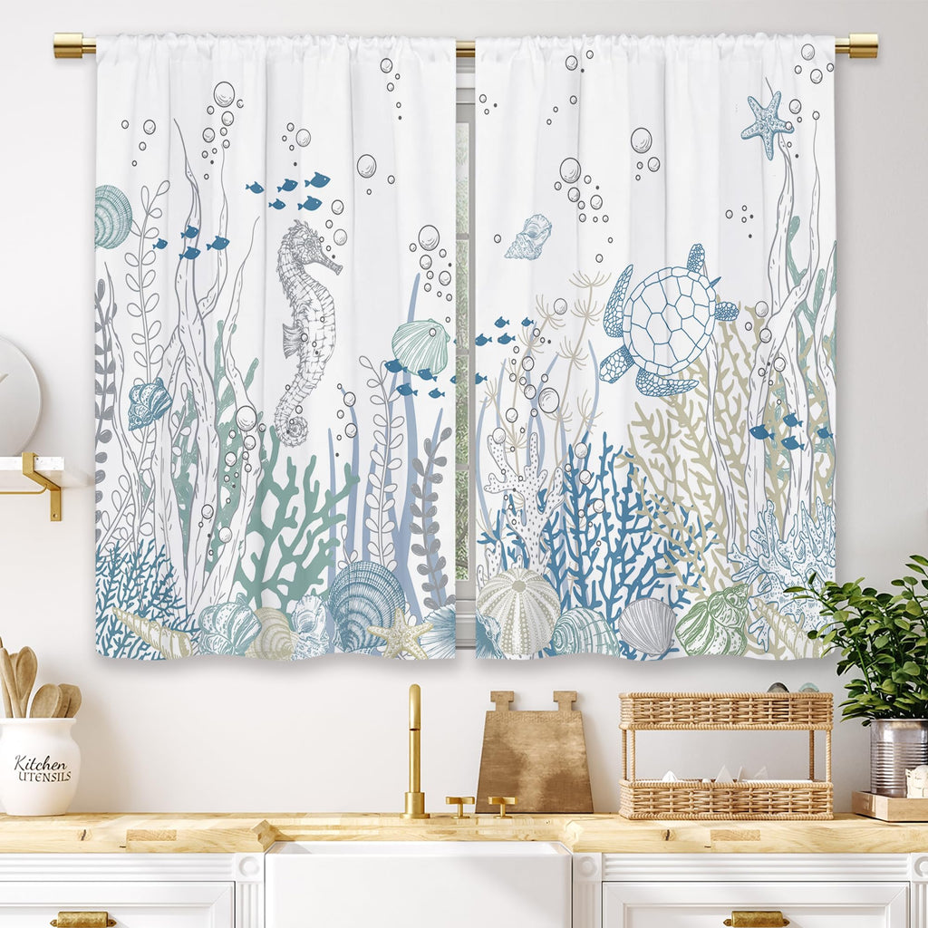 Laifzere Nautical Coastal Kitchen Curtains Ocean Starfish Seashell Small Short Cafe Window Curtains Beach Sea Seashell Rod Pocke