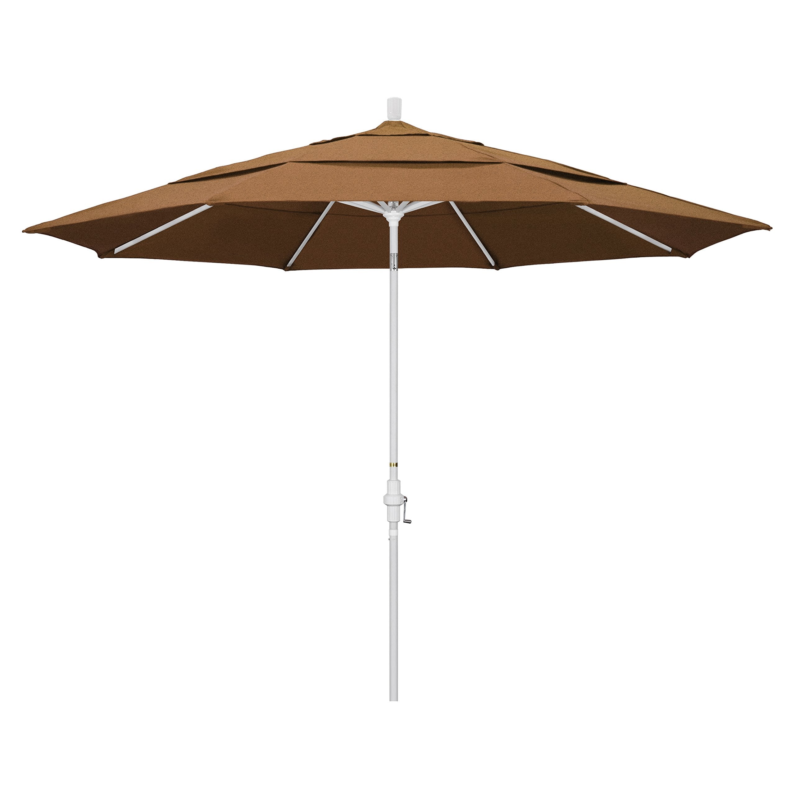California Umbrella 11' Round Aluminum Market Umbrella, Crank Lift, Collar Tilt, White Pole, Sunbrella Teak
