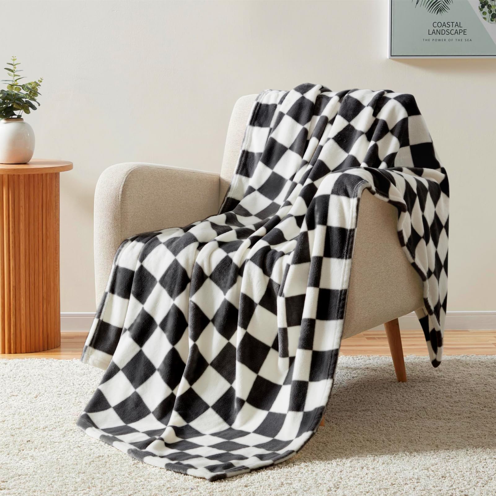 Homelike Moment Checkered Blanket Twin Size, Black Checkerboard Grid Soft Fluffy Fleece Twin Blanket, Fuzzy Cozy Plush Blanket f