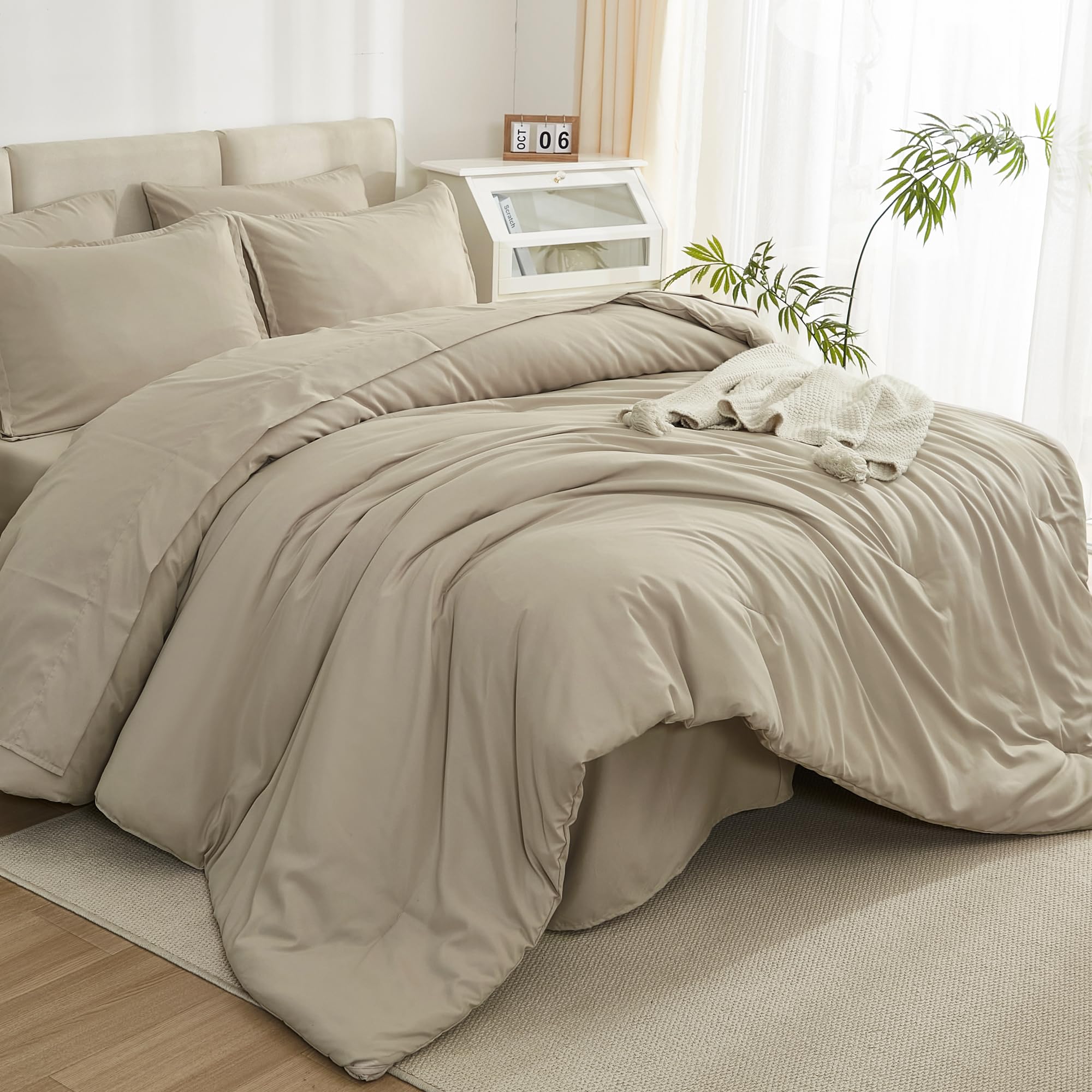 Litanika Comforter Queen Size Set Khaki - 7 Pieces Bed In A Bag Queen Beddding Comforter Sets, Plain Lightweight Bed Set With Co