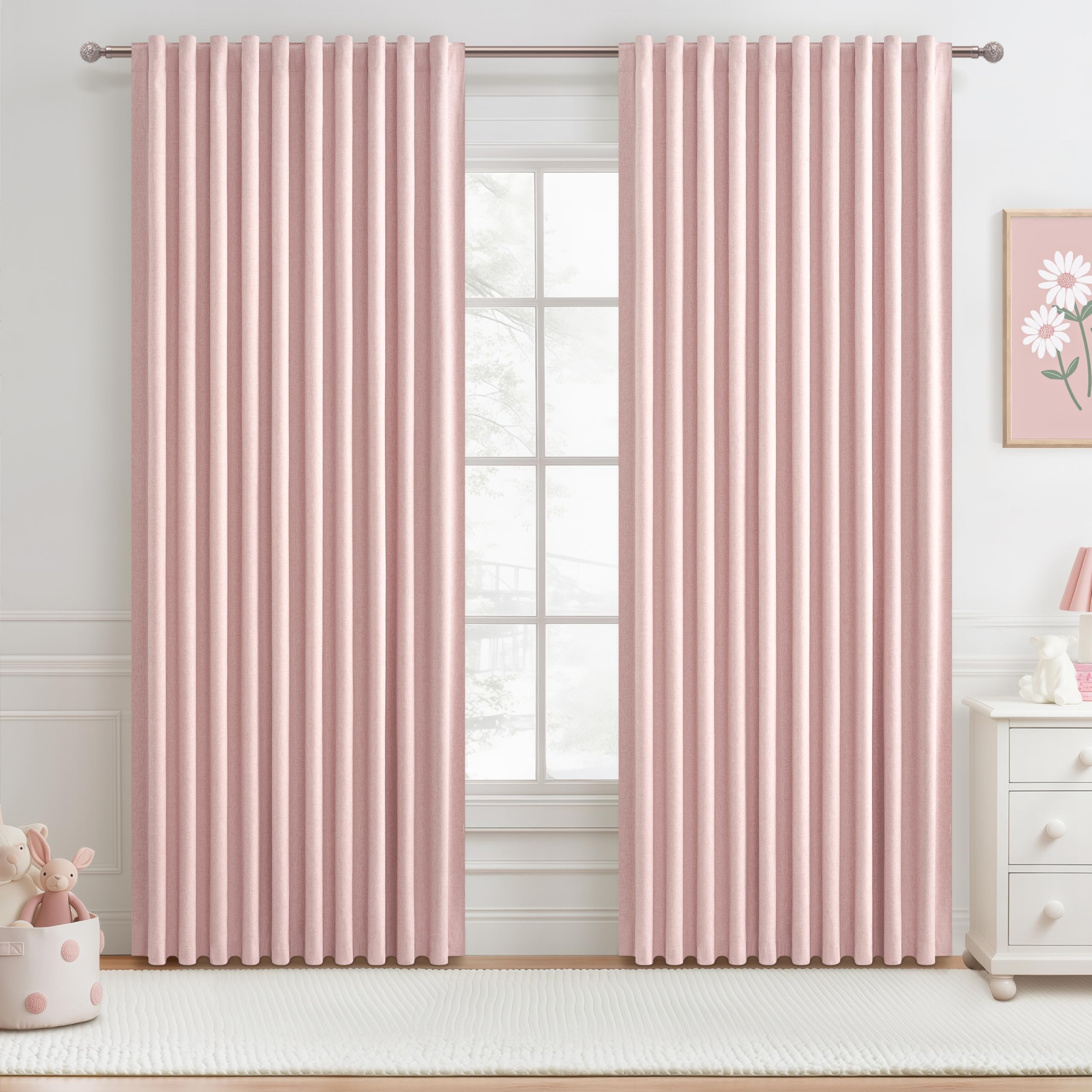 Cute Baby Pink Extra Wide Curtains 70 Inches Wide for Grils Bedroom 2 Panels Set,Heavy Duty Pleated 84 Inch Long Linen Blackout 