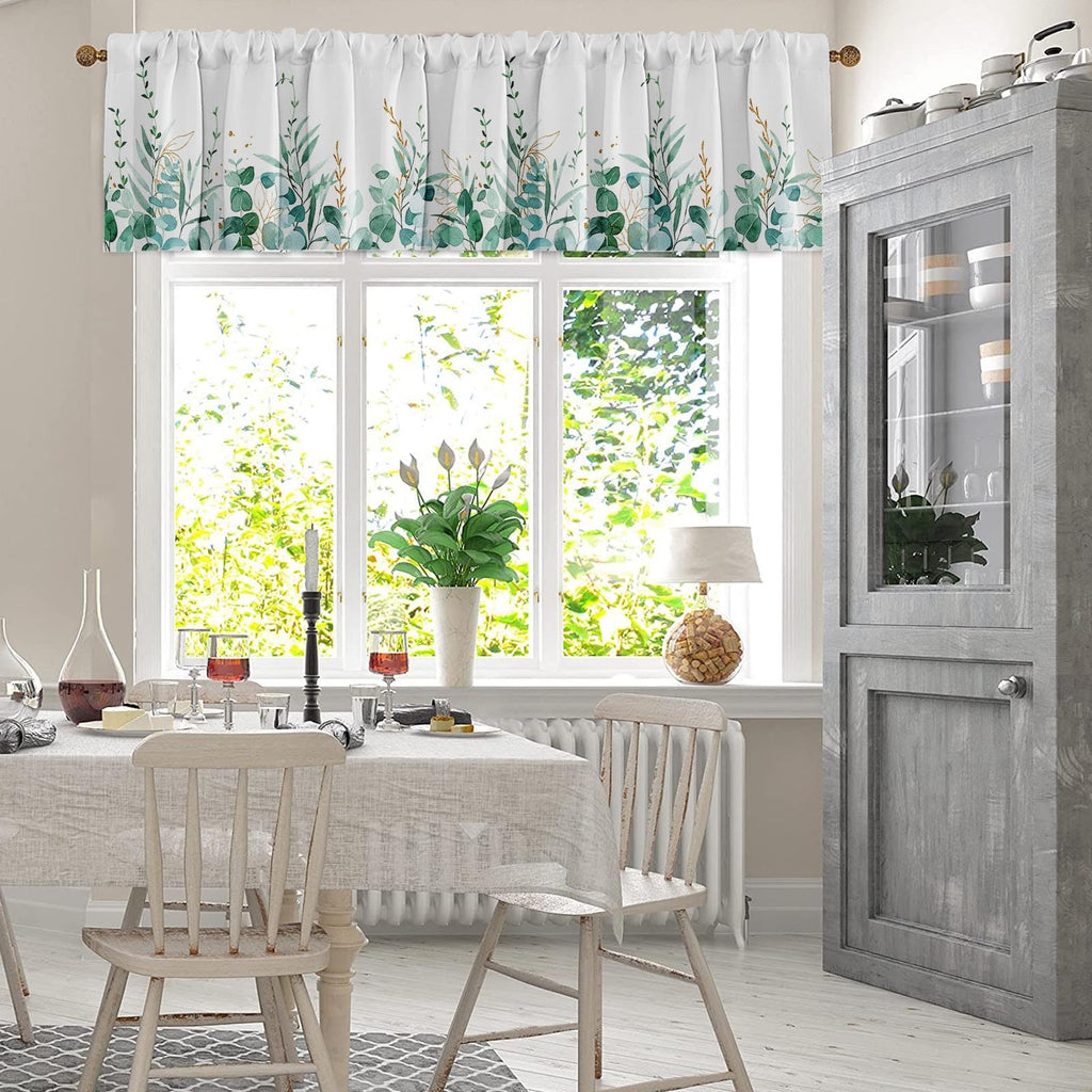 Emvency 2 Pack Valances Window Treatments, Green Eucalyptus Leaves Golden Leaf Blackout Drapes Adjustable Curtain Valances For W