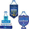 Jetec 3 Pieces Happy Hanukkah Door Sign Decorations for Home Wooden Blue Chanukkah Hanging Rustic Menorah Wall Decor Indoor Outd