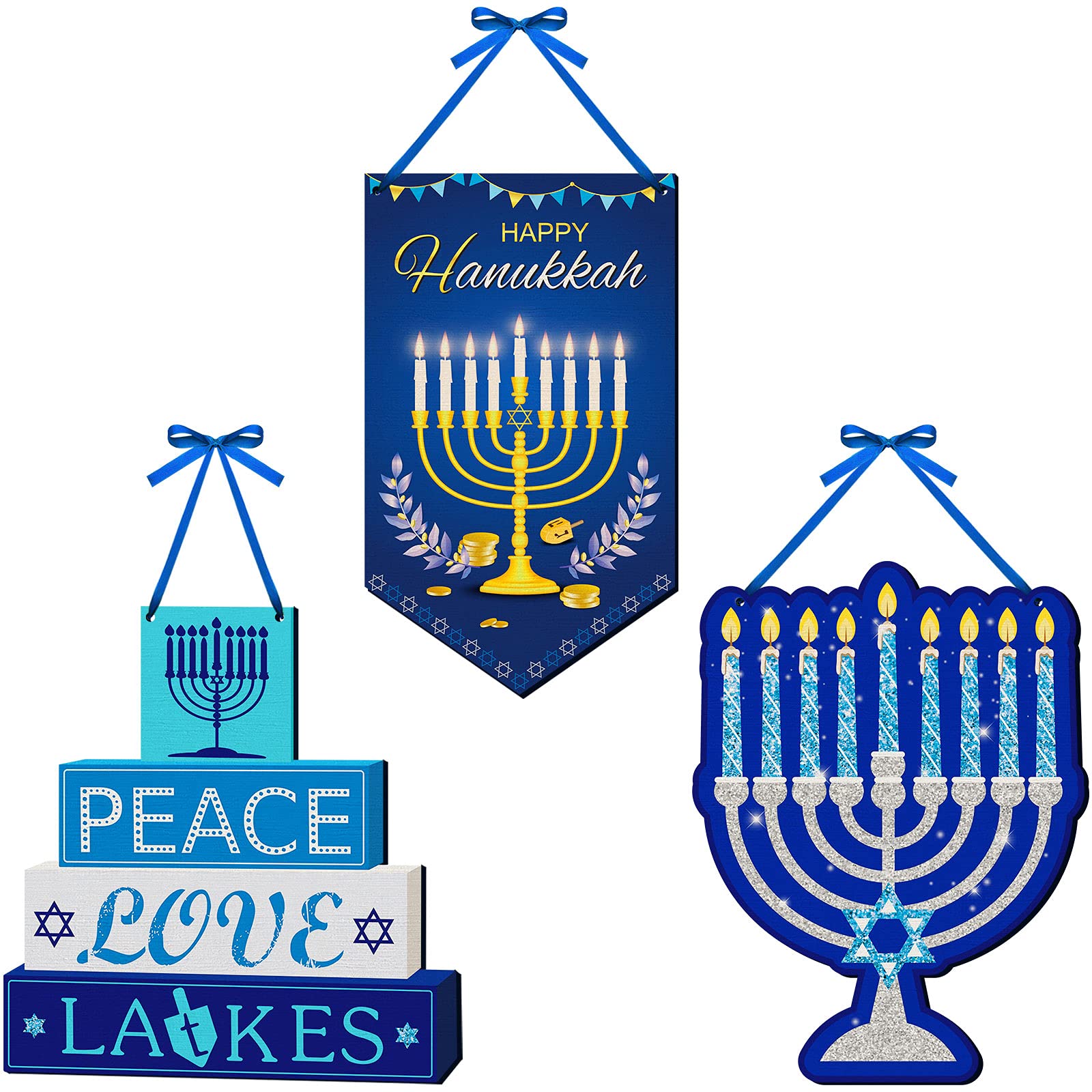 Jetec 3 Pieces Happy Hanukkah Door Sign Decorations for Home Wooden Blue Chanukkah Hanging Rustic Menorah Wall Decor Indoor Outd