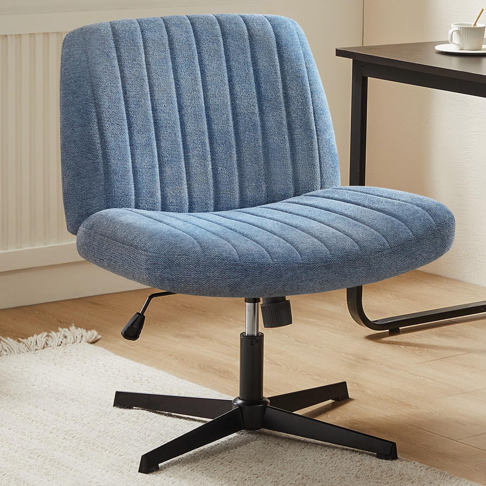 Sweetcrispy Criss Cross Chair Legged, Armless Office Desk Chair No Wheels, Swivel Vanity Chair, Height Adjustable Wide Seat Computer Task Chair, Fabric Vanity Modern Home Chair White