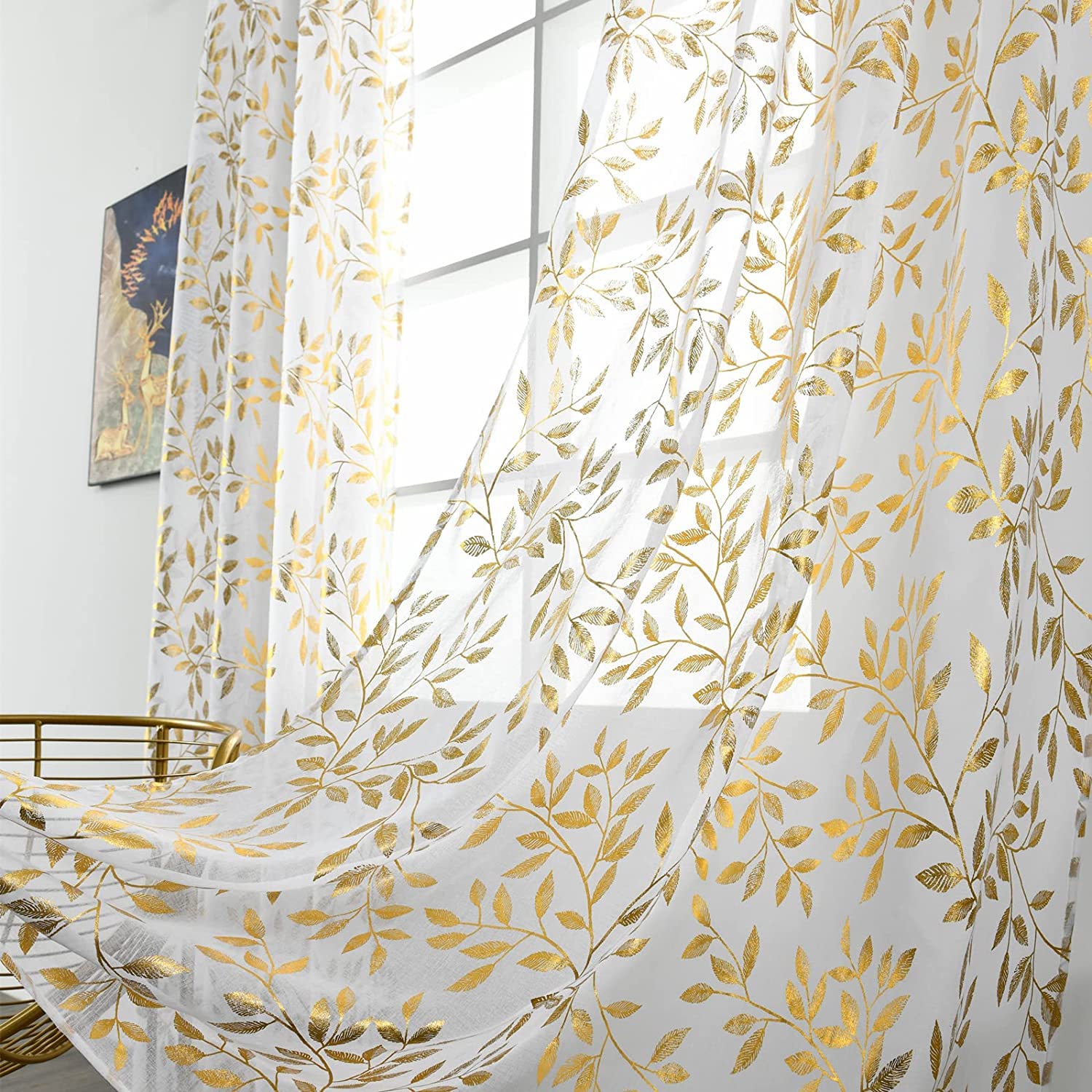Sutuo Home White Sheer Curtains 72 Inch Length 2 Panels Set, Gold Foil Print Metallic Bronzing Leaves, Privacy Voile Window Trea