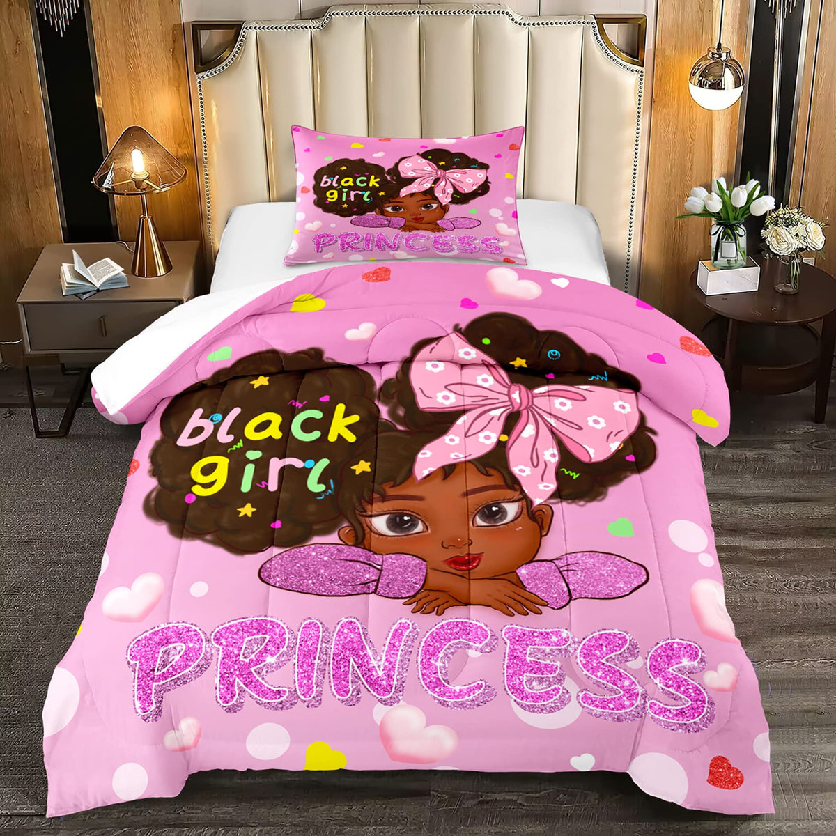 Jiospet Black African American Girls Twin - Black Girls Comforter Set For Girls Bedroom Pink Princess Room Decor Kids Twin Beddi