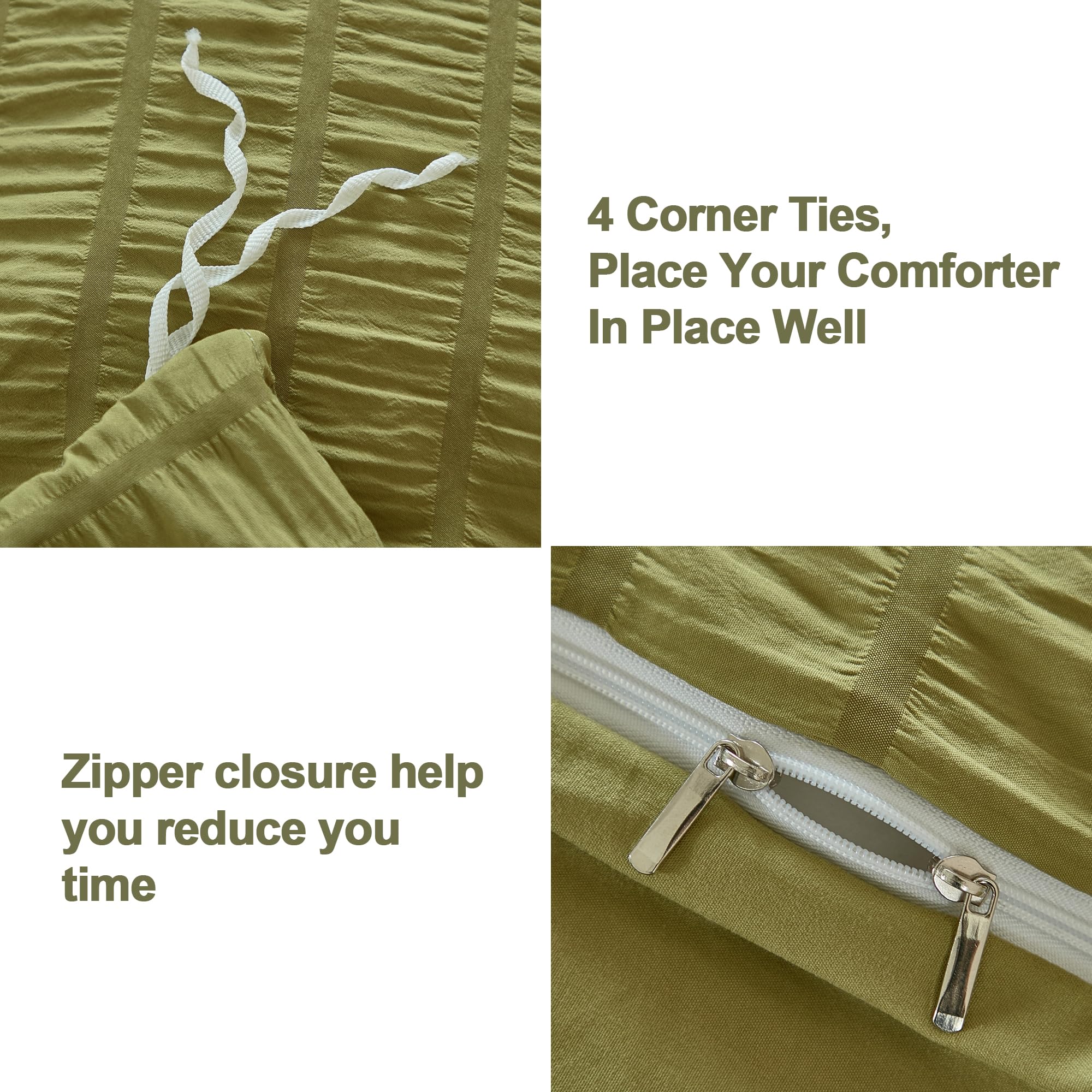 Avelom Olive Green Seersucker Duvet Cover Set Queen Size (90 X 90 Inches), 3 Pieces (1 Duvet Cover + 2 Pillowcases), Ultra Soft Washed Microfiber, Textured Duvet Cover With Zipper Closure, Corner Ties